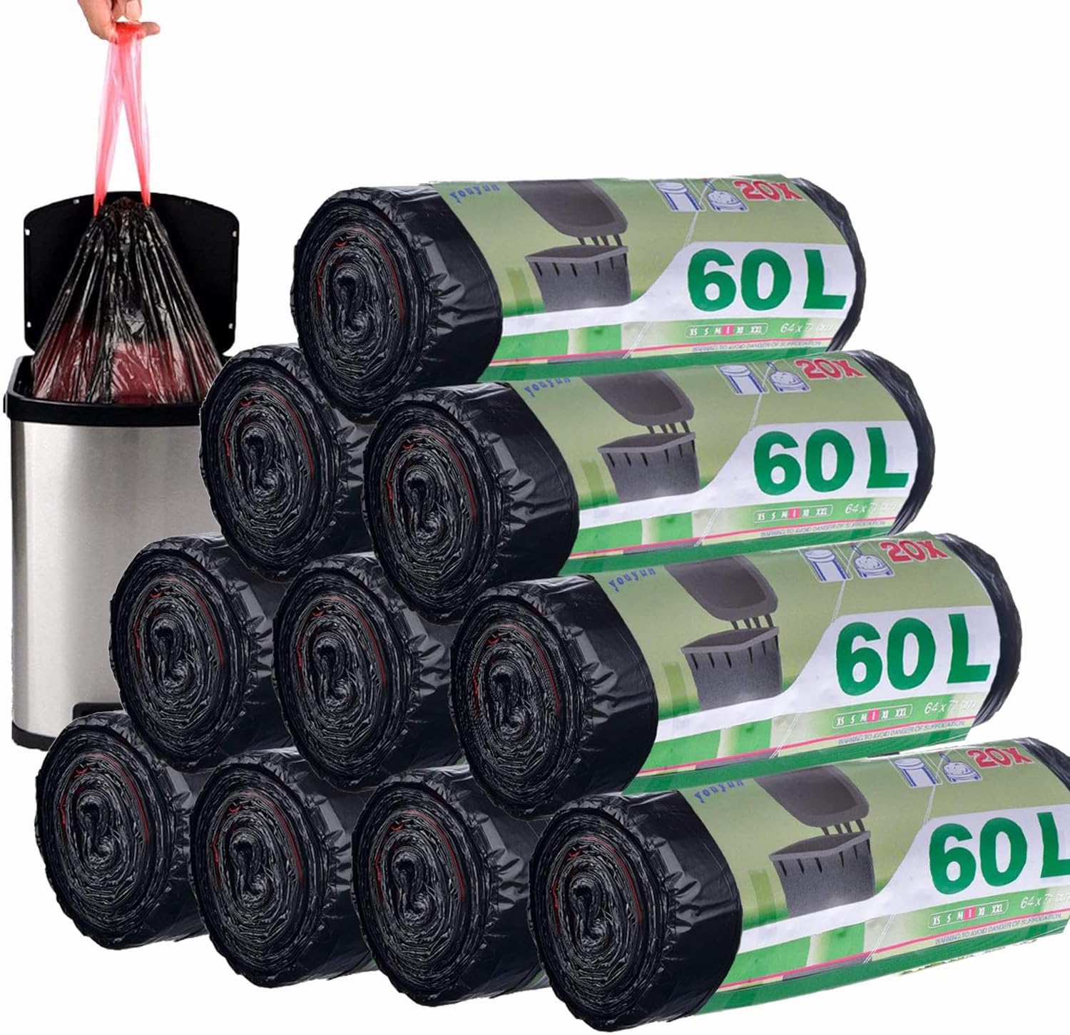ASelected 200 pièces 50L-60L Sacs Poubelle Anti-Fuite Ultra Résistant Poignées Lien Coulissants Lot de 10 rouleaux Taille Large 71 x 64 cm Noir