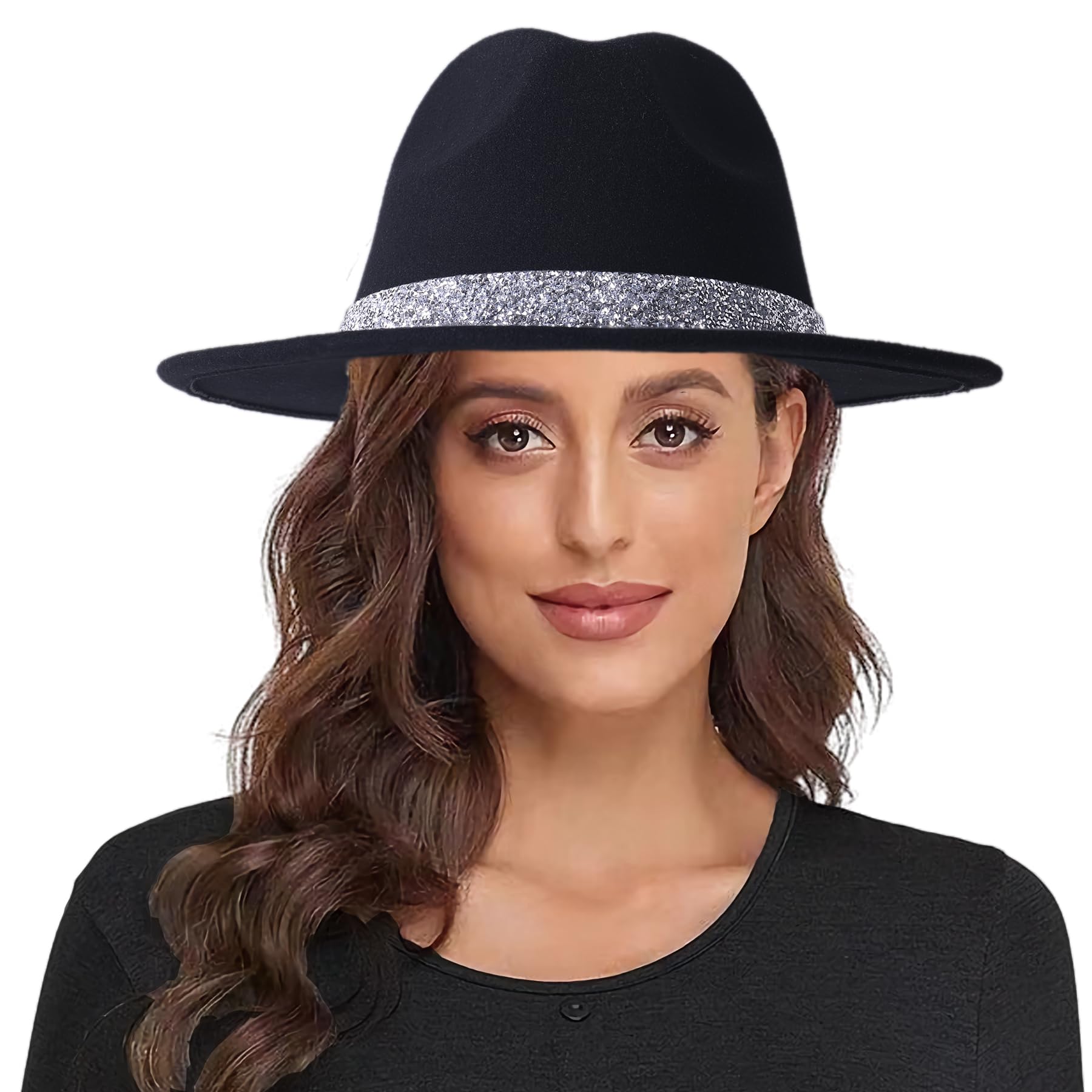 LanzomLanzom Classic Fedora Hats for Women Lady Wide Brim Felt Panama Hat with Belt Buckle