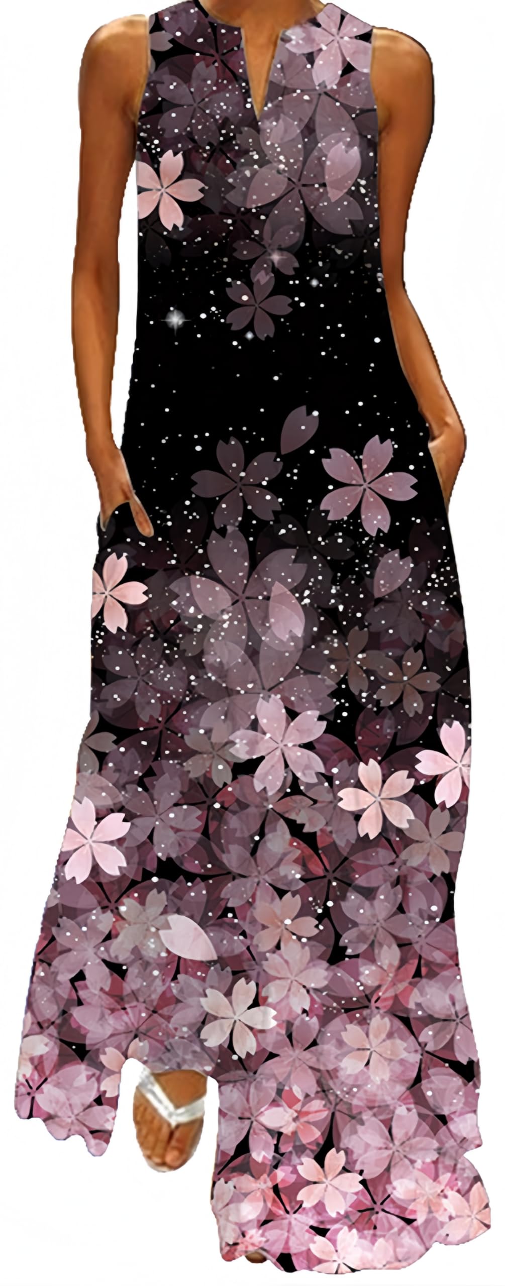 Ocean Plus Robe Longue sans Manches Col V Robe Décontractée Ample avec Poches Latérales, Robe de Plage Vacances Femme Tailles S à 5XL (S, Fleurs de Cerisier Roses)