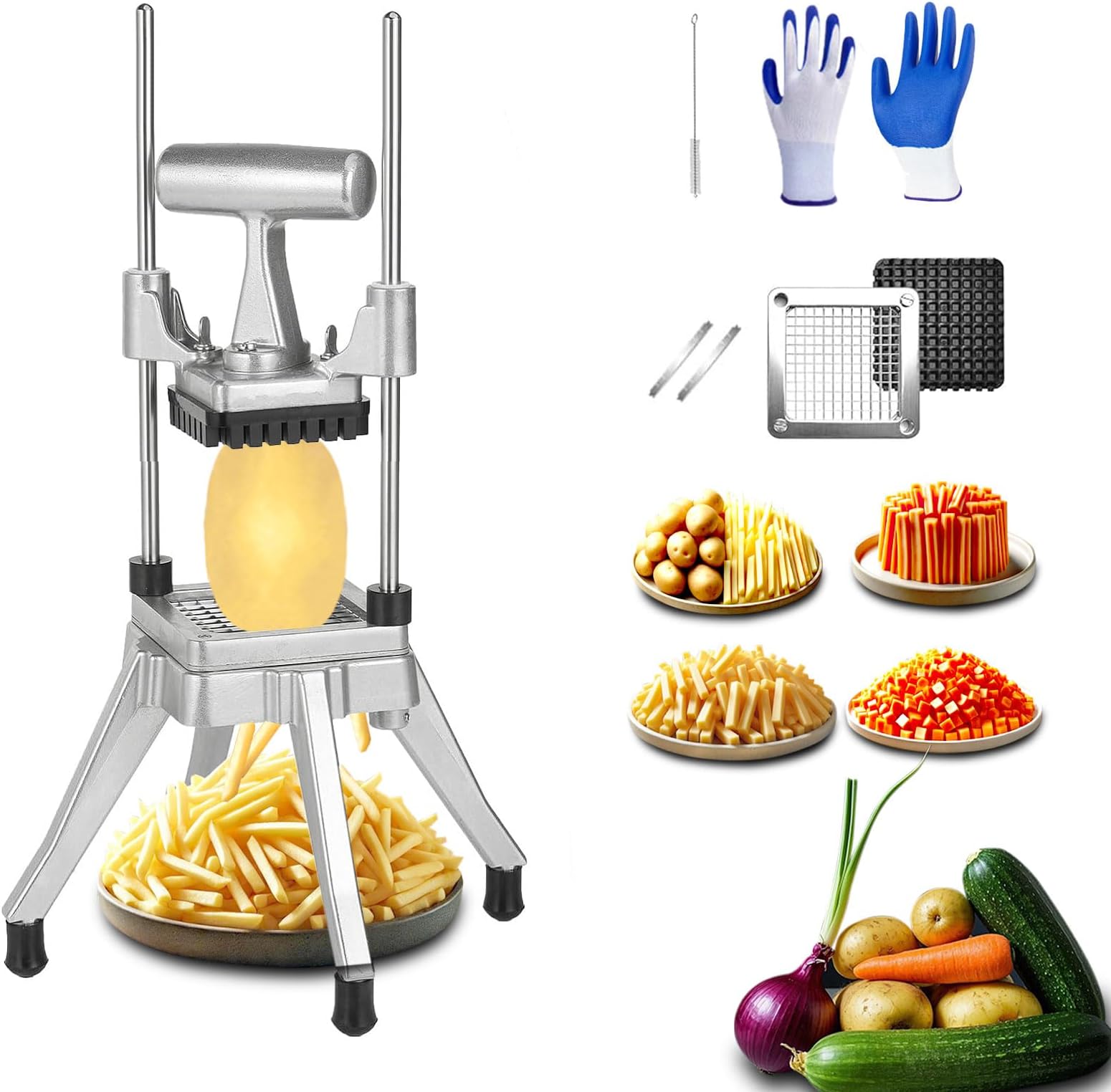 Commercial Vegetable Chopper & French Fry Cutter Stainless Steel,Vegetable Chopper Dicer Stainless Steel,1/4" Blades Sizes,Heavy Duty Cutter for Potatoes Onion Peppers Mushrooms