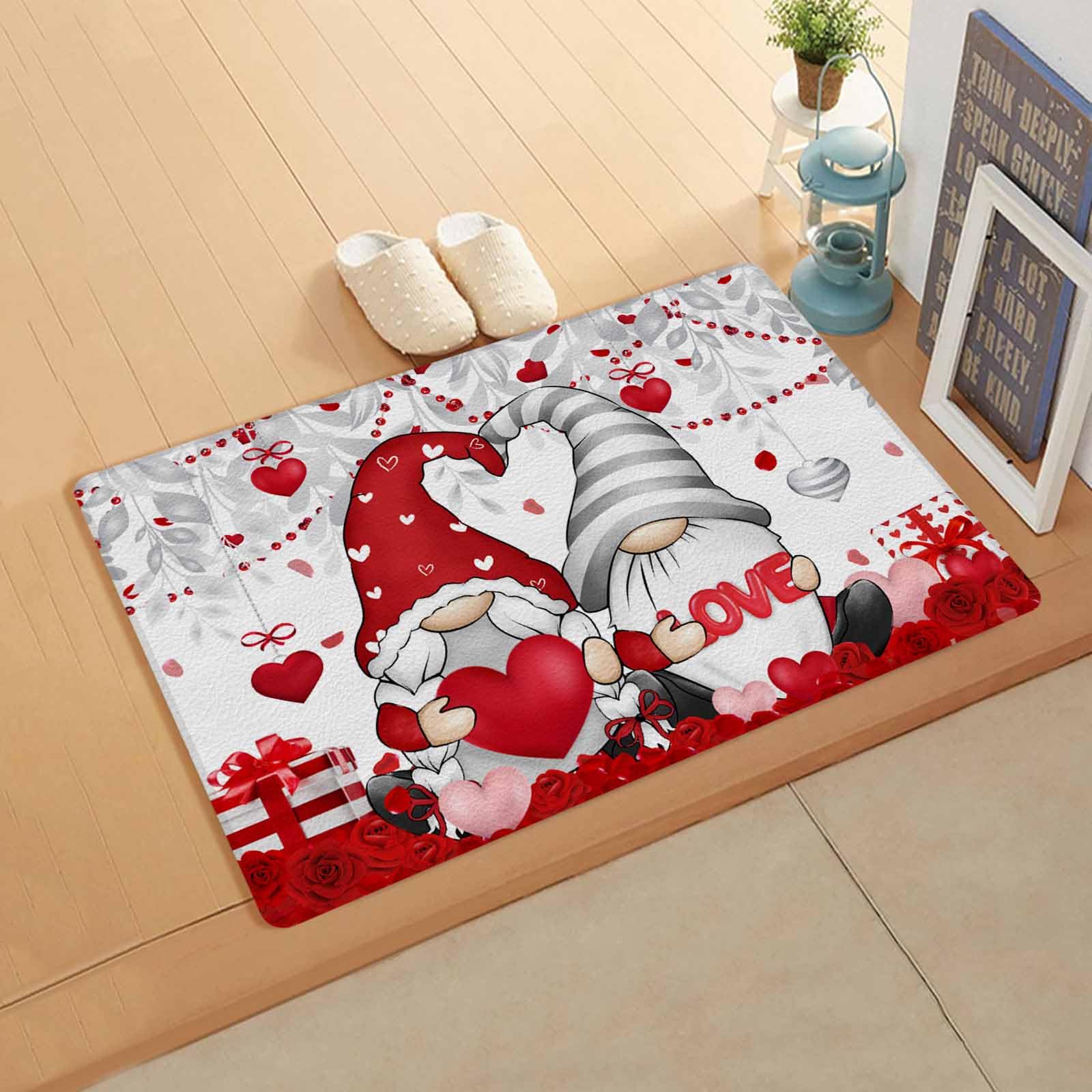 Valentine's Gnomes Kitchen Bath Door Mat Cushioned Runner Rug,Washable Welcome Floor Sink Antifatigue Mat,Waterproof & Non-Slip Comfort Standing Doormat,Silver Plant Leaves Love Flower 18