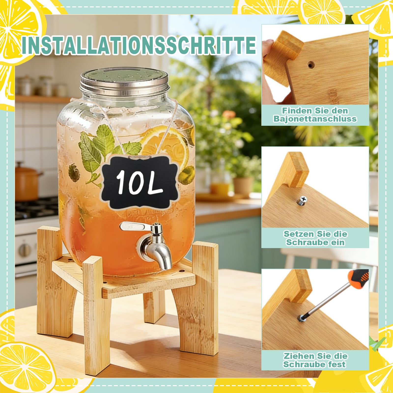 Dispensador de bebidas de 10 L con soporte y tapa, dispensador de limonada con grifo de vidrio de borasilicato resistente al calor con grifo inoxidable para jardín, buffet, fiesta y cocina, bodas