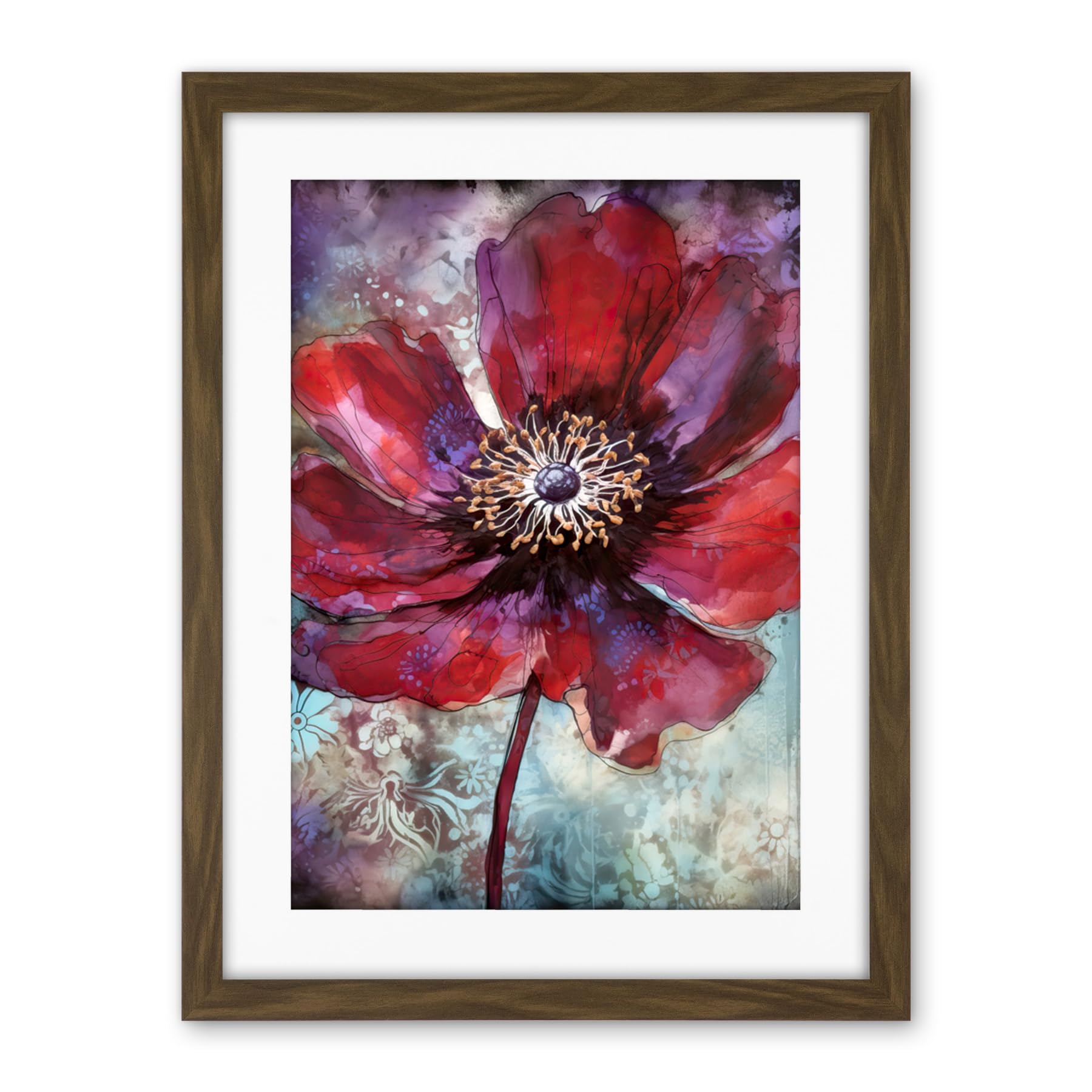 Artery8 Red Anemone Flower Bloom Watercolour Illustration Artwork Framed Wall Art Print 18X24 Inch