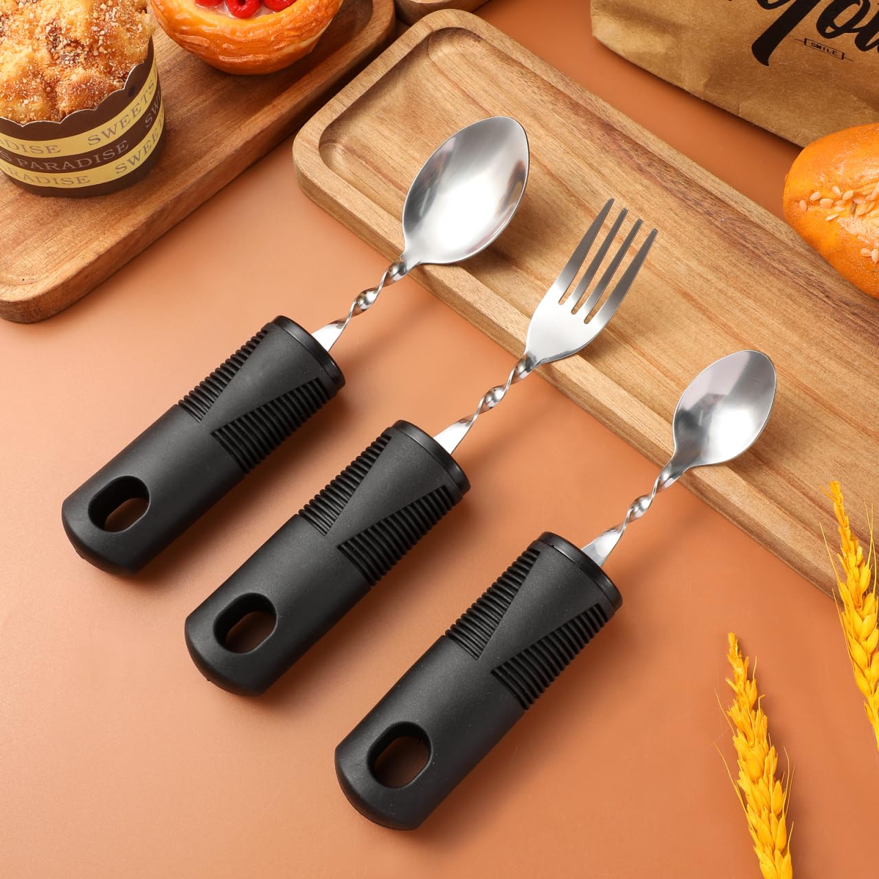 SOLUSTRE Set Di 3 Posate Anziani Utensili Adattivi Pieghevoli Antitremore in Acciaio Inossidabile Con Manico Ergonomico Antiscivolo Per Disabili E Uso Quotidiano