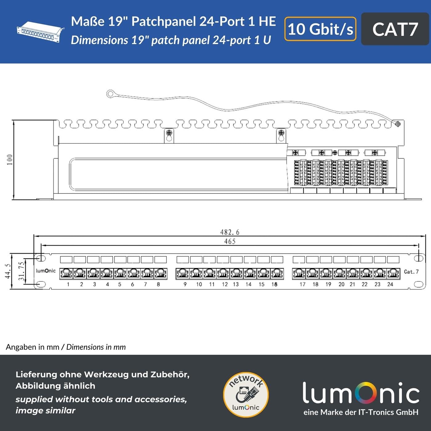 Lumonic 19" Patchpanel CAT7 | 24 Port, 1HE mit Beschriftungsfeld | LSA-Montage, T568A/B farbcodiert | Rackmontage | geschirmtes, schwarzes Patchfeld | Kabelmanagement | 10 Gbit/s PoE