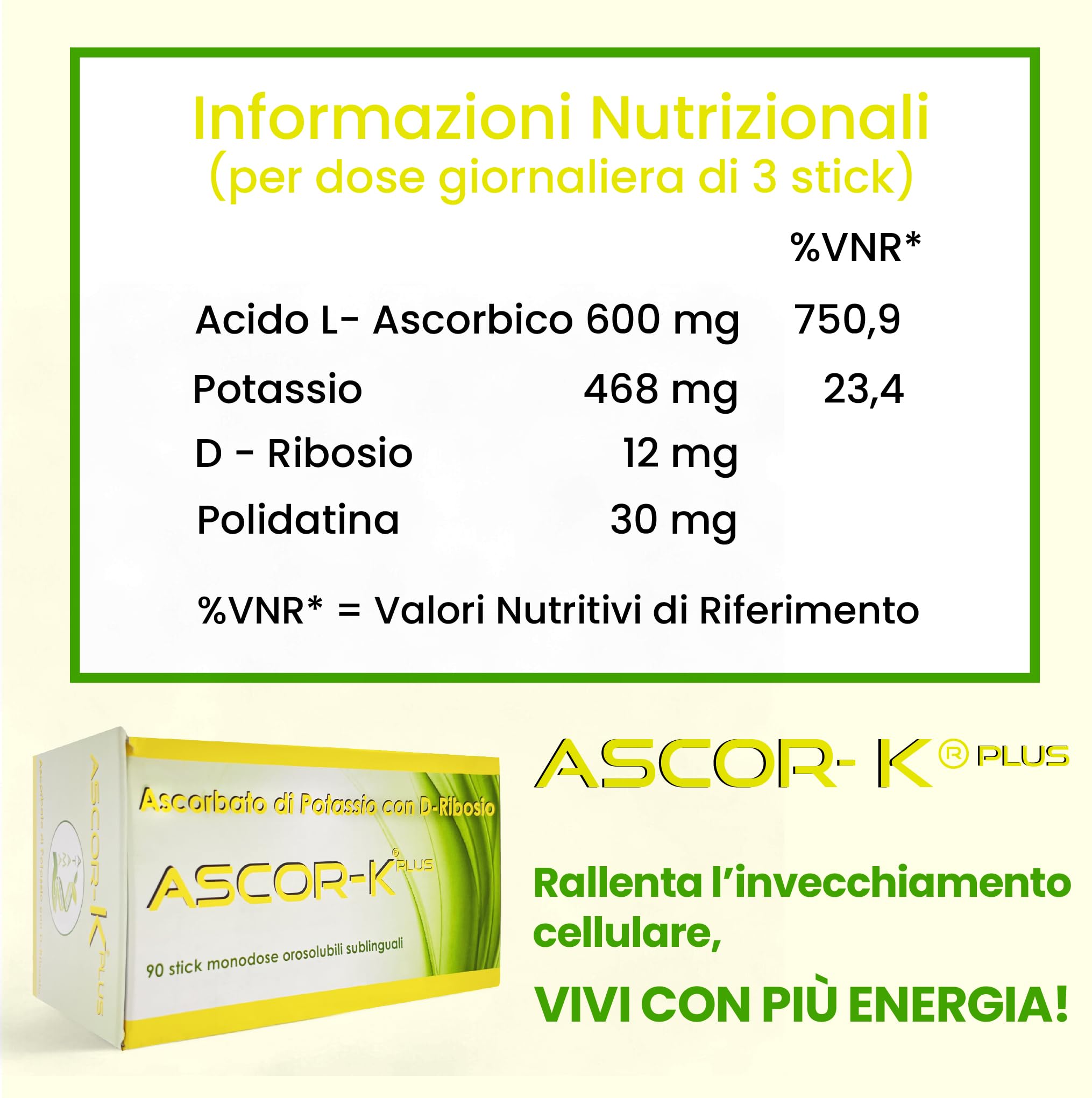 Ascorbato di Potassio Pantellini 90% [+ Innovazione Sublinguale] – Ascorbato di Potassio con D Ribosio Ascor-K Plus | Integratore per Sistema Immunitario | Energia Naturale - 90 Stick