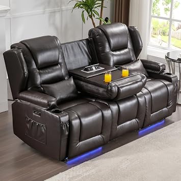 SAMERY Power Loveseat Recliner Sofa with Adjustable Split Back, Multi-Port Charger, Flip-Up Backrest & LED Lighting - Home Theater Seating with Storage, Cup Holders, Brown Faux Leather Loveseat