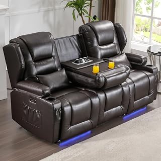 SAMERY Power Loveseat Recliner Sofa with Adjustable Split Back, Multi-Port Charger, Flip-Up Backrest & LED Lighting - Home Theater Seating with Storage, Cup Holders, Brown Faux Leather Loveseat