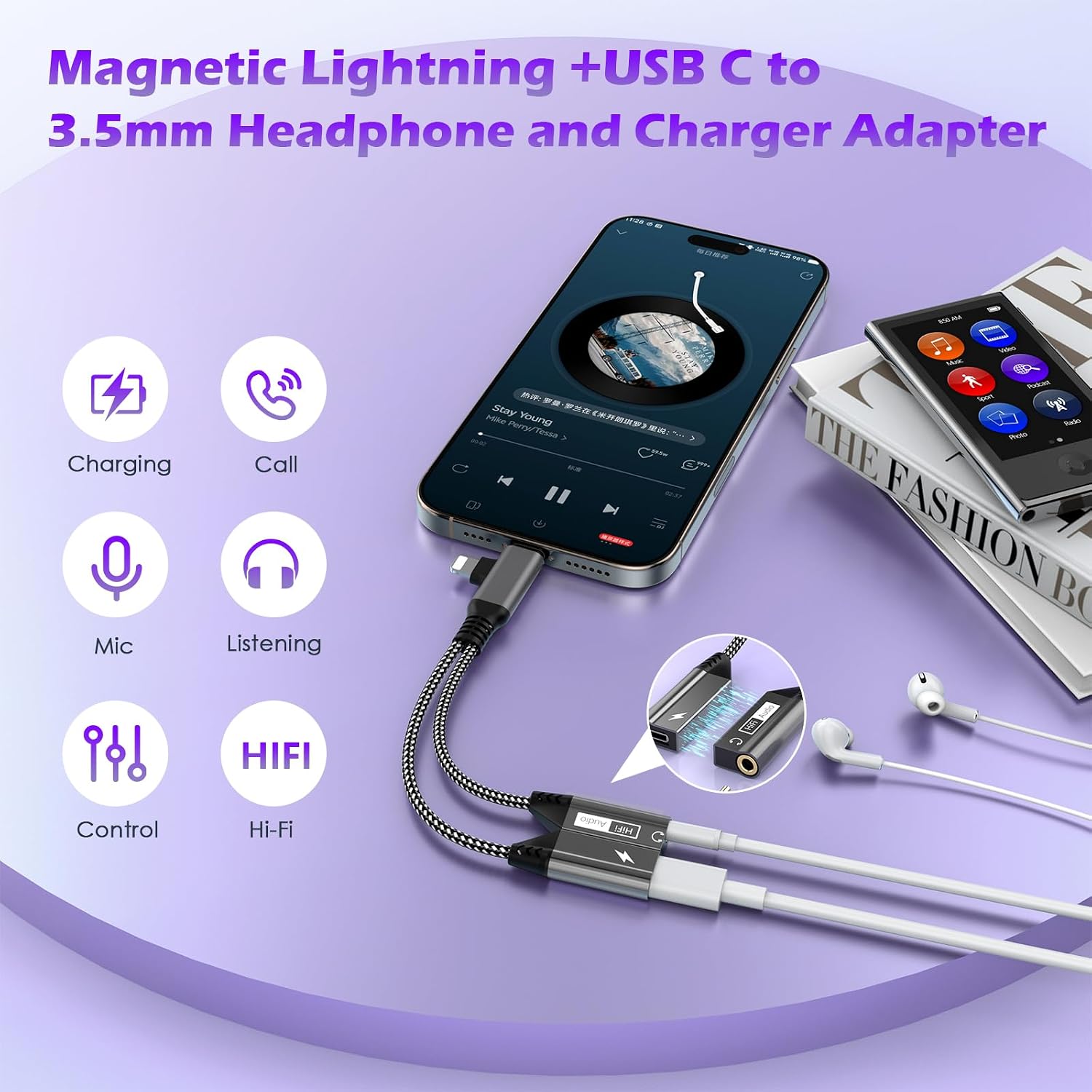 2イン2 Lightning/USB C - 3.5mm AUXオーディオジャックヘッドフォン+Type-C磁気充電ケーブルスプリッ