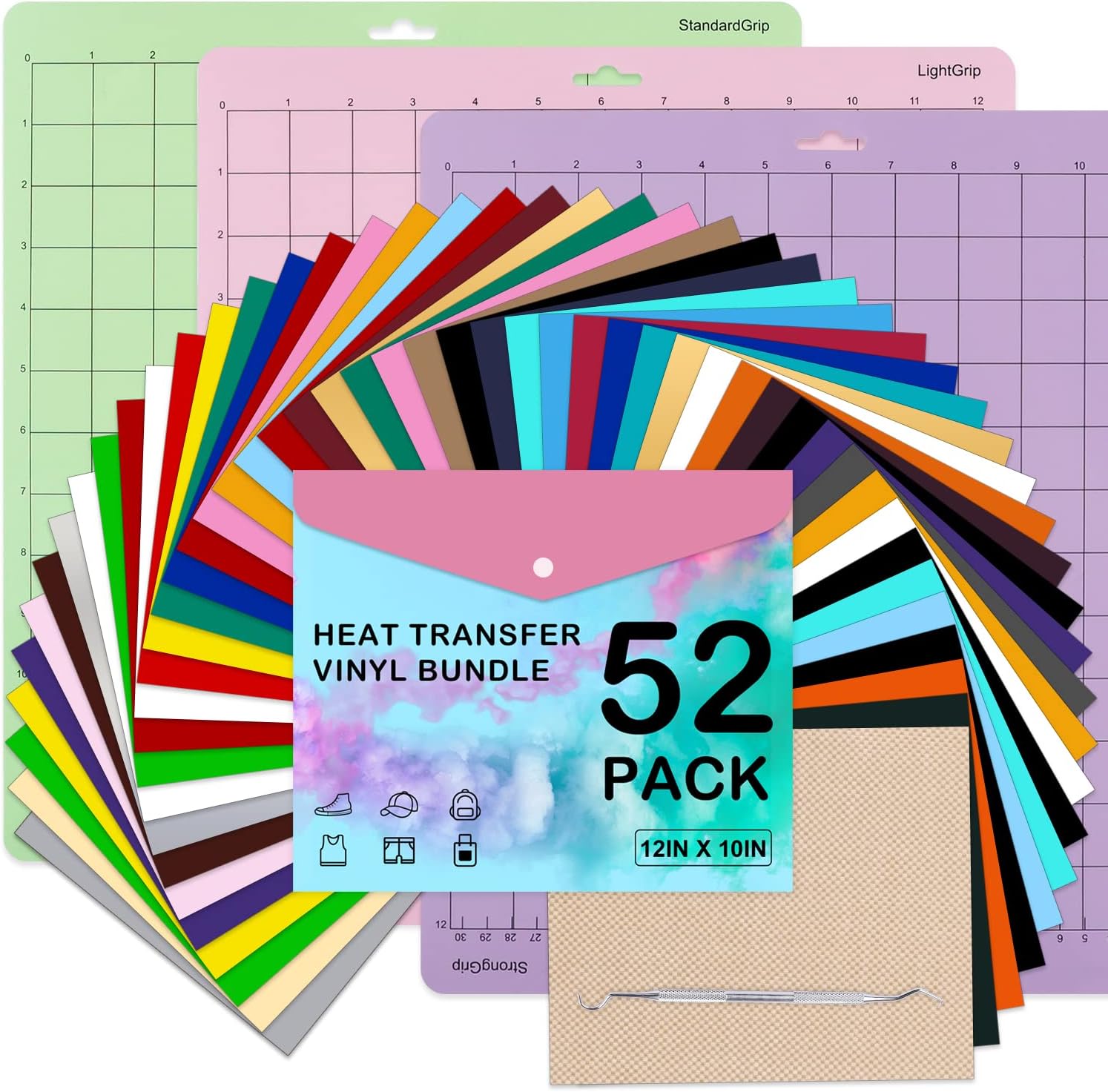 HTV Heat Transfer Vinyl Bundle: 52 Pack 12" x 10" Iron on Vinyl for T-Shirt, 30 Assorted Colors with HTV Accessories Tweezers, HTV Vinyl Sheets