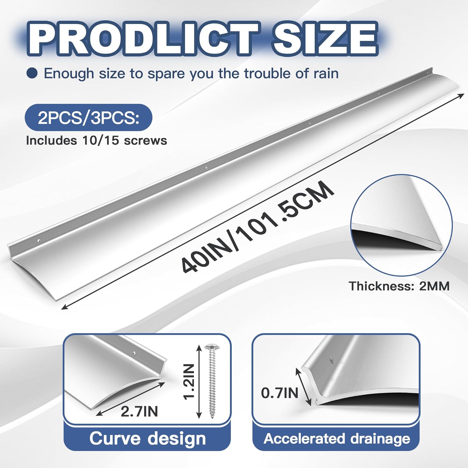 2PCS 40inch Door Rain Drip Guard for Windows Drip Cap Rain Deflector Anodized Aluminum Easy to Install Silver