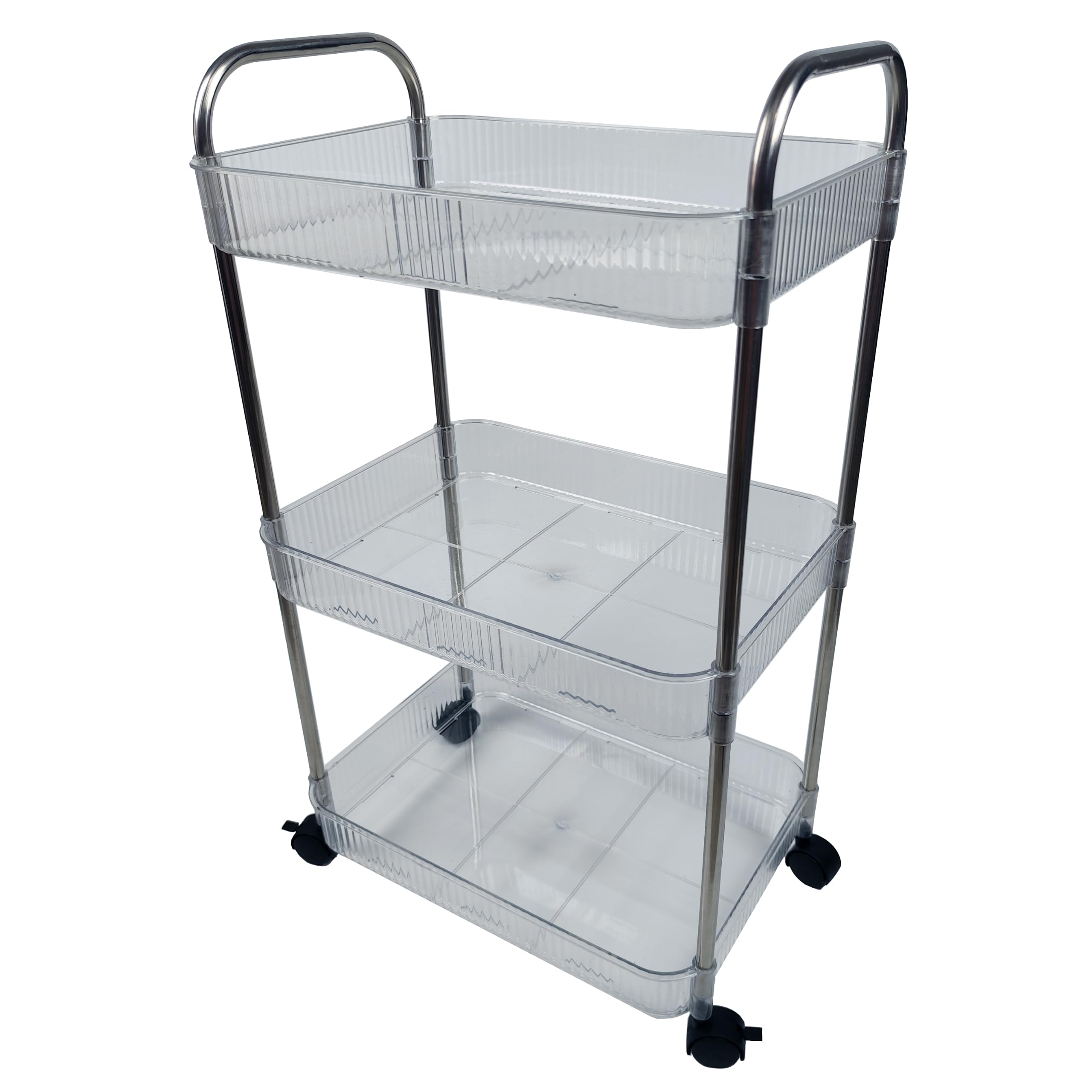 Carrello portaoggetti trasparente a 3 ripiani con telaio in metallo, ripiano in plastica su ruote, autoportante, trasparente, organizer per bagno, lavanderia, cucina, ufficio