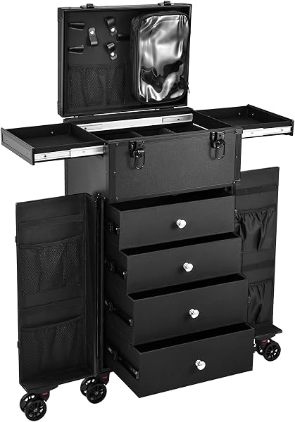 Valise de Maquillage Professionnel avec 6 Roues - Station Portable Trolley avec Plusieurs Compartiments pour Onglerie et Coiffure, Noir Profond - 1