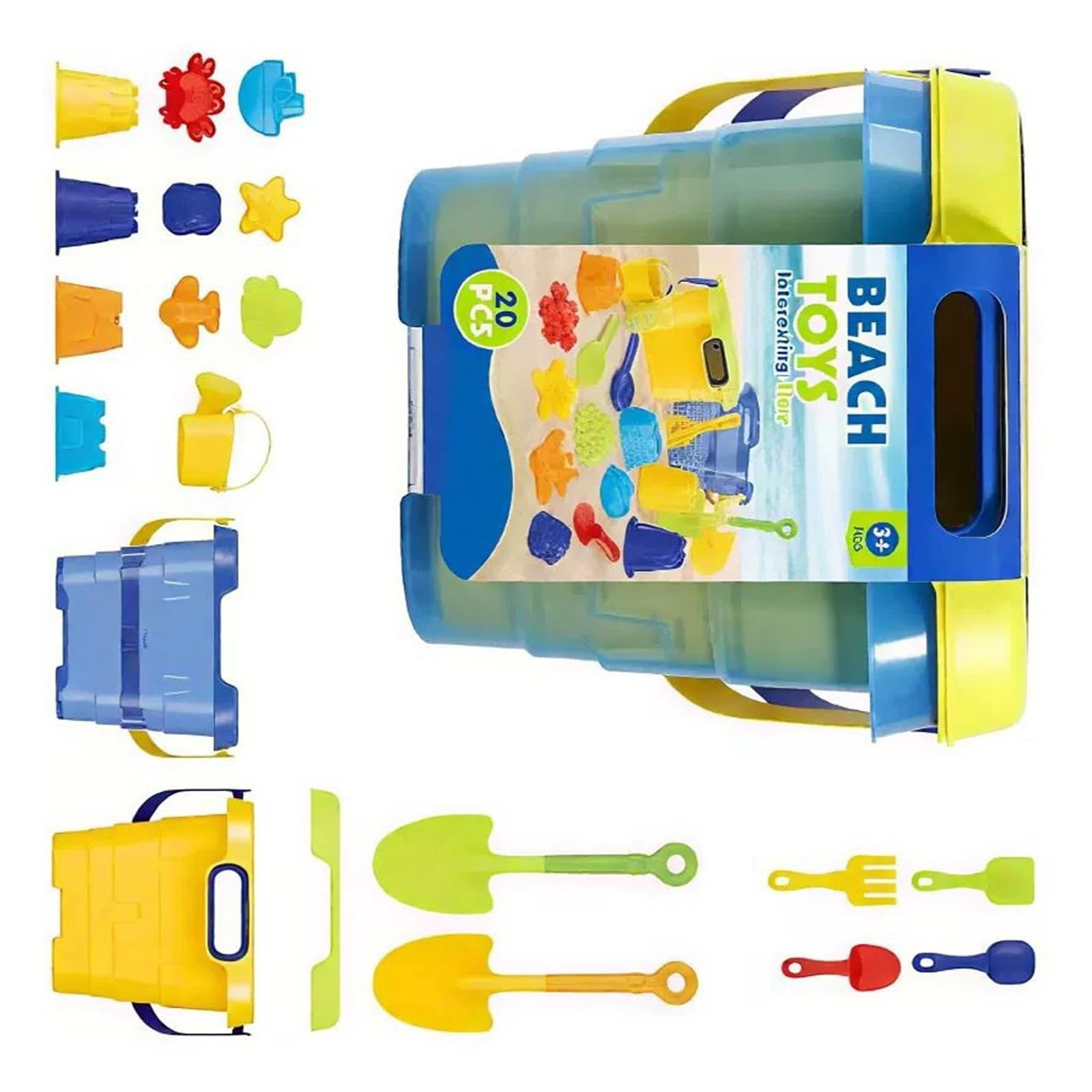 Shore Spielspielzeug Set, 20-teiliges Eimer und Sandwerkzeug Set mit Schaufeln, Gießkanne, Siebdeckel und Formteilen für Strandtage und Sandkastenspaß, Strandspielzeug, Sandspielzeug, Eimer,