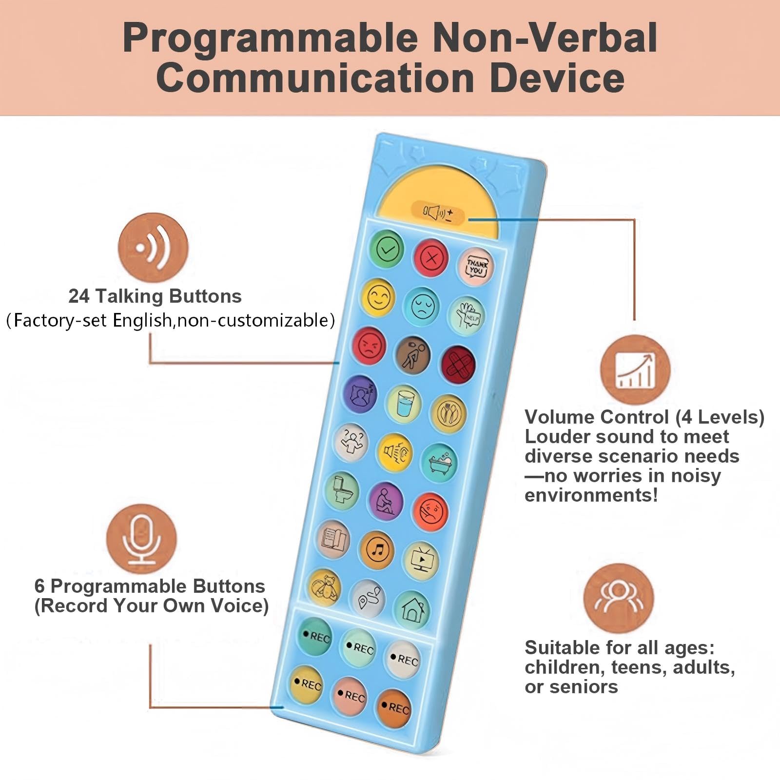 Dispositif CAA pour Autisme, Outil de Communication Non Verbale 6 Boutons Programmable Volume Réglable Aide Thérapie Vocale