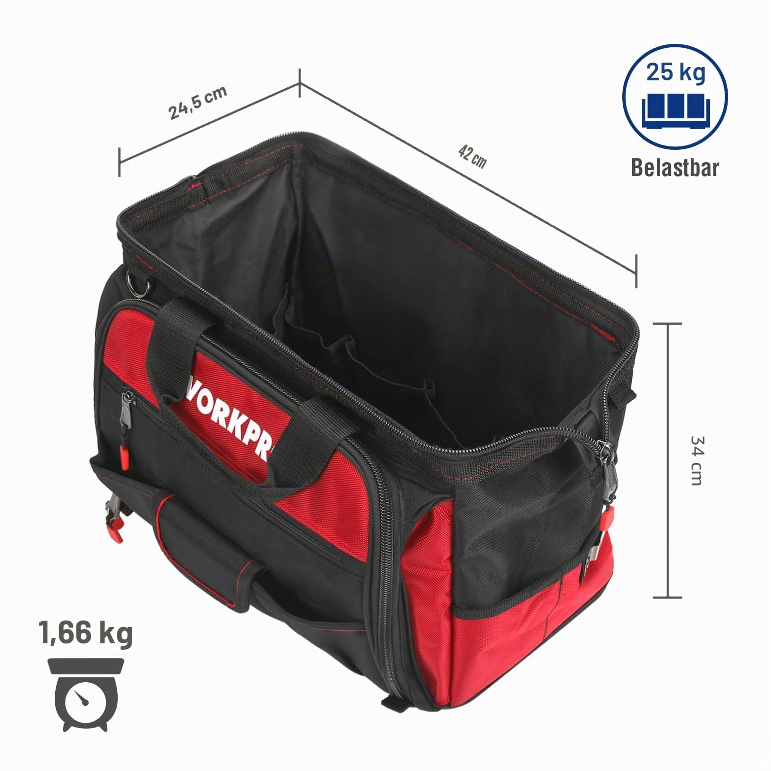 WORKPRO Elektriker Wasserdichte Werkzeugtasche Profi, weite Öffnung & große Kapazität 42CM/16" aus 1680D Polyester, Schultergurt verstellbar, Multifunktion für Heimwerker Handwerker