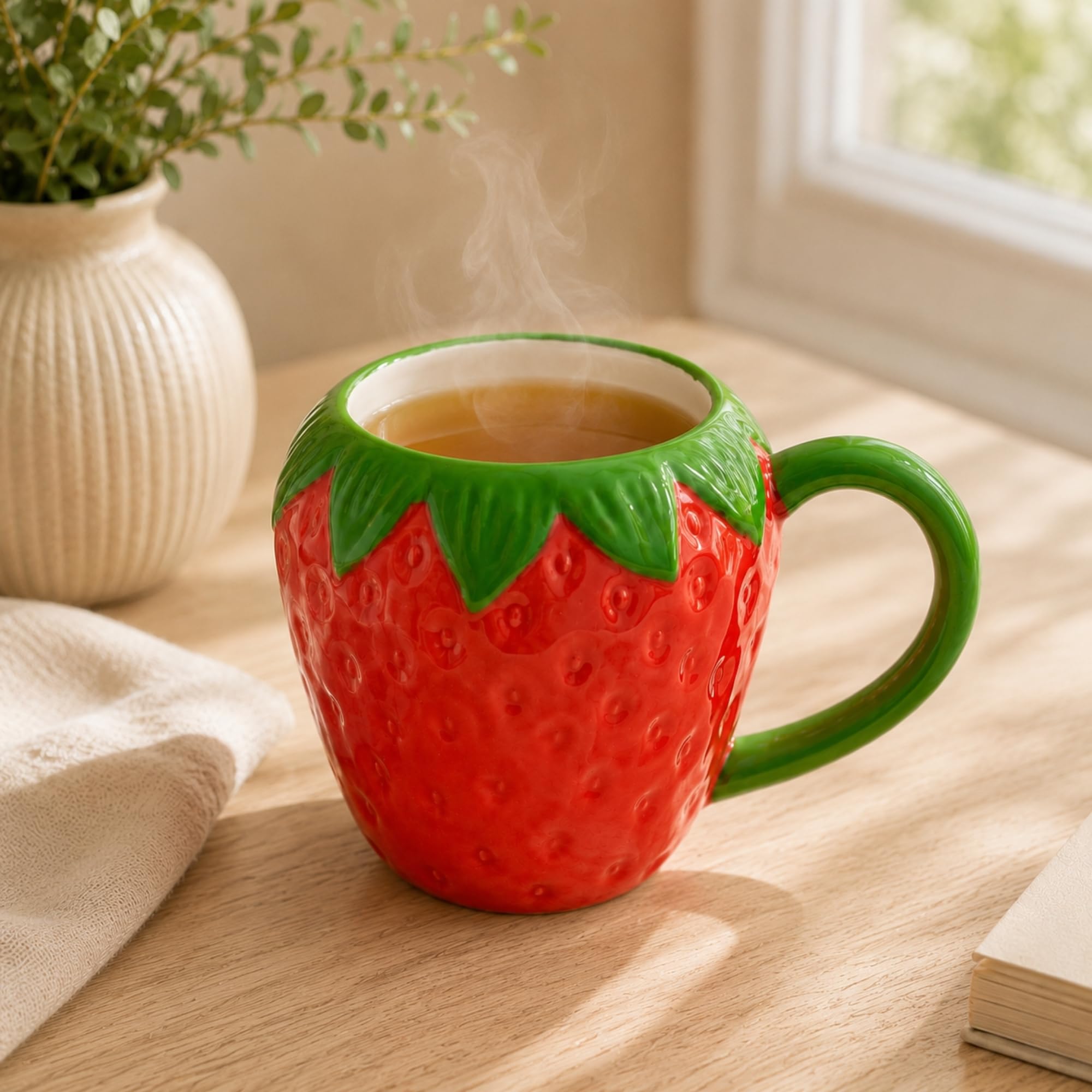 Calessier Çilek Tasarım Seramik Kupa Bardak, Büyük Boy Dekoratif Çilek Desenli Mug Kupa, Kahve, Çay ve Sıcak İçecekler İçin Günlük Kullanıma Uygun Şık Seramik Fincan