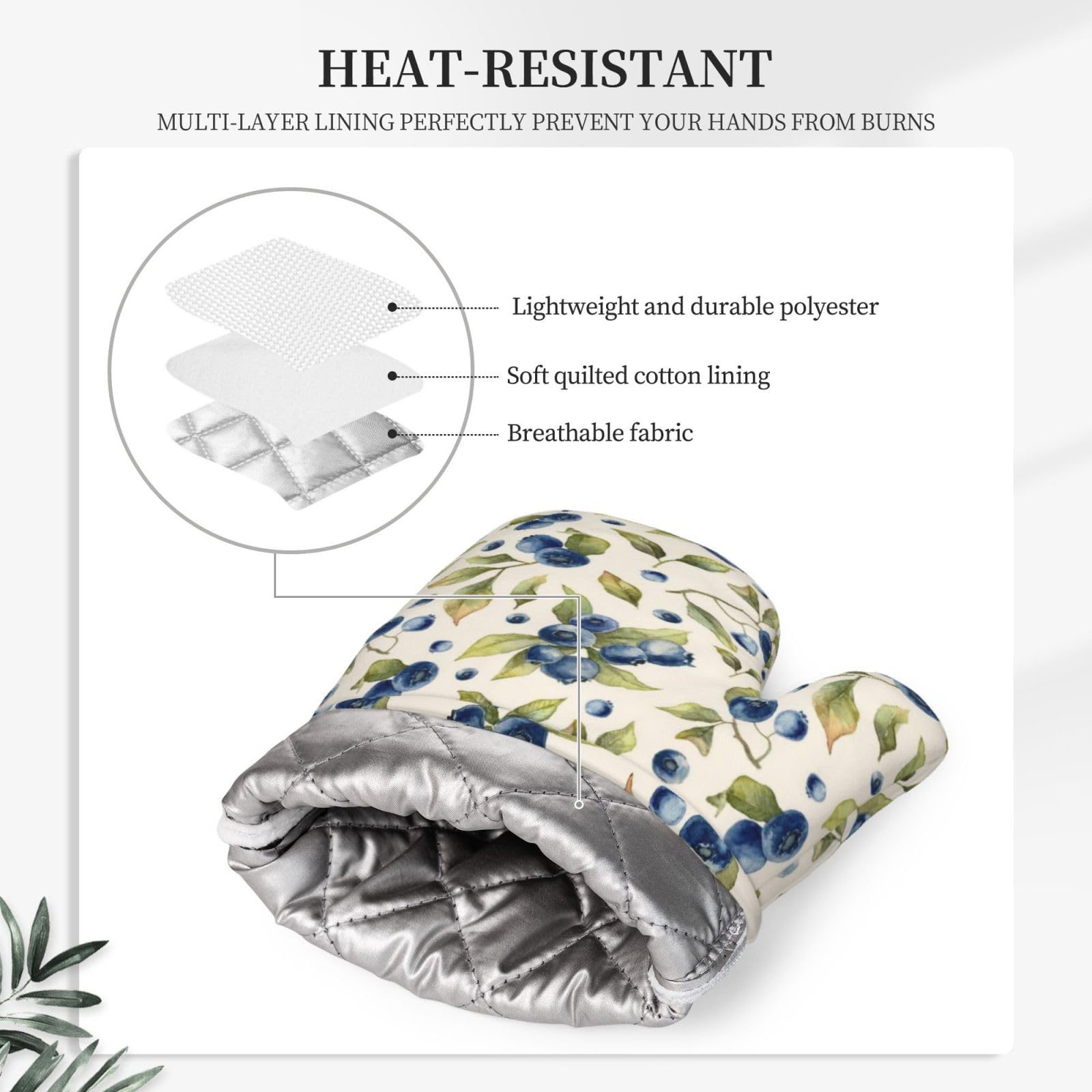 Juego de 4 manoplas de horno y agarraderas de acuarela y arándanos, guantes de horno y agarraderas de frutas azules, resistentes al calor, decoración de hojas botánicas, guantes de cocina
