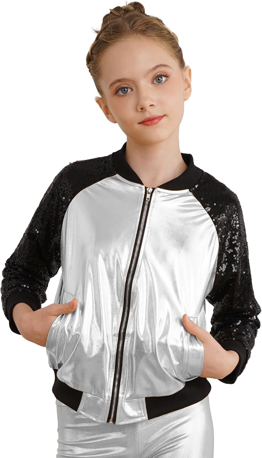 Girls Shiny Metallic Long Sleeve Lightweight Bomber Jacket Zip Up Flight Jacket Coat 70's Disco Costume
