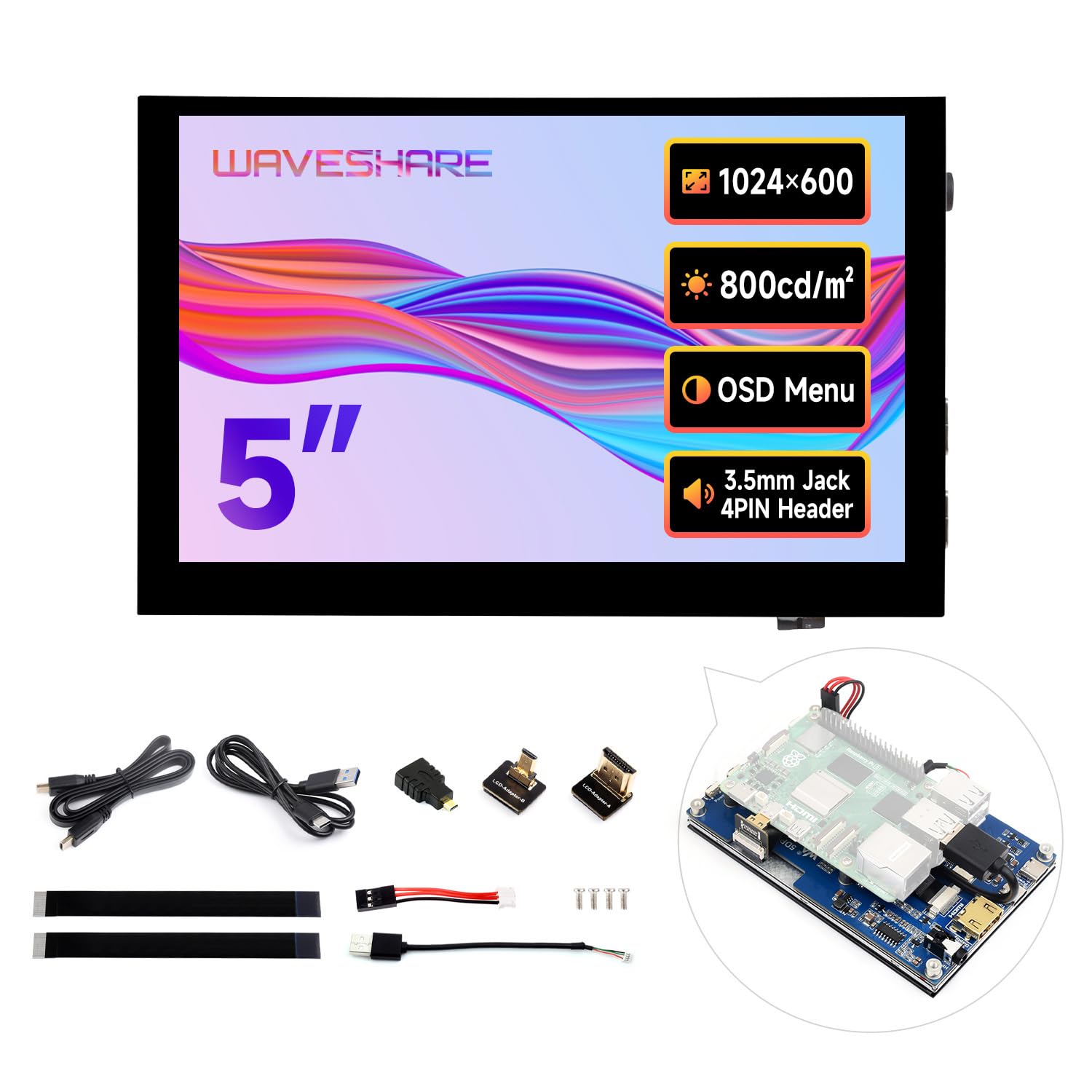 Waveshare 5inch High-Brightness Touch Screen, Compatible with Raspberry Pi 5/4B/3B/Zero W/Zero 2W/Pico W, Supports Windows 11/10 & Jetson Nano, Narrow-Bezel Capacitive Touch 1024x600 HDMI IPS Panel