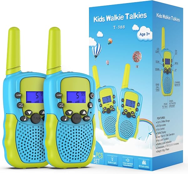 Detailaufnahme der Kearui Walkie Talkies in Blau-Grün, die ihre kindgerechte Größe und die integrierte Taschenlampe hervorhebt.