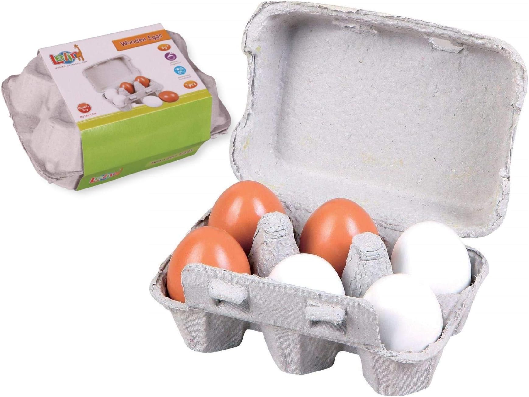 Lelin 6 Wooden Fake Eggs in Carton Pretend Play Pre-school Educational Toy Kitchen Food Toy