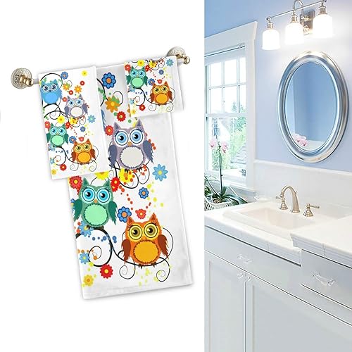 Miniatura 3 de Naanle Juego de 3 toallas suaves con diseño de búhos de dibujos animados, 1 toalla de baño+1 toalla de mano + 1 toallita, multiusos para baño,