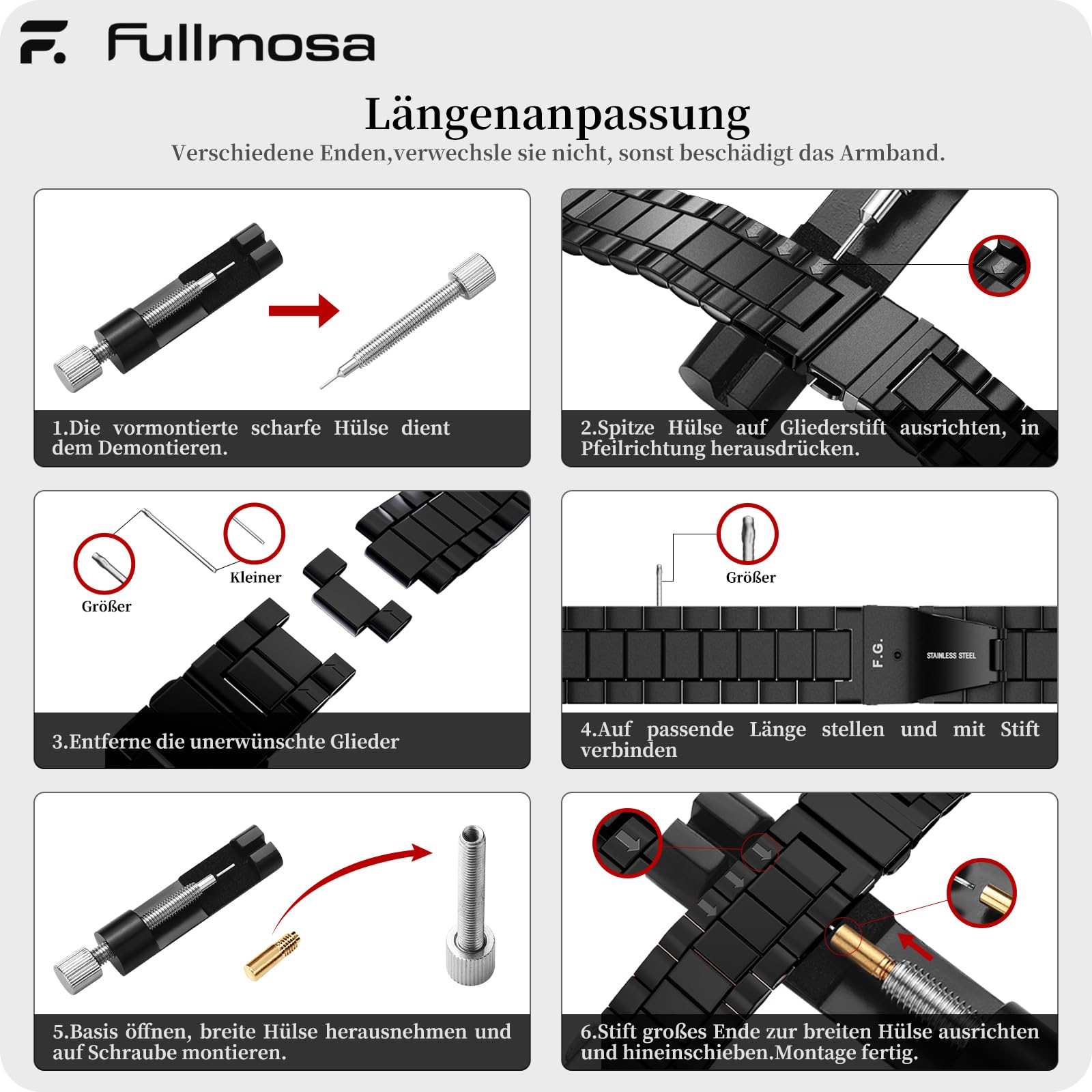 Fullmosa Edelstahl Uhrenarmband 22mm 16mm 18mm 19mm 20mm 24mm für Uhr und Smartwatches| Wechsel Ersatz Metallarmband mit Schnellverschluss für Damen&Herren, 22mm Schwarz