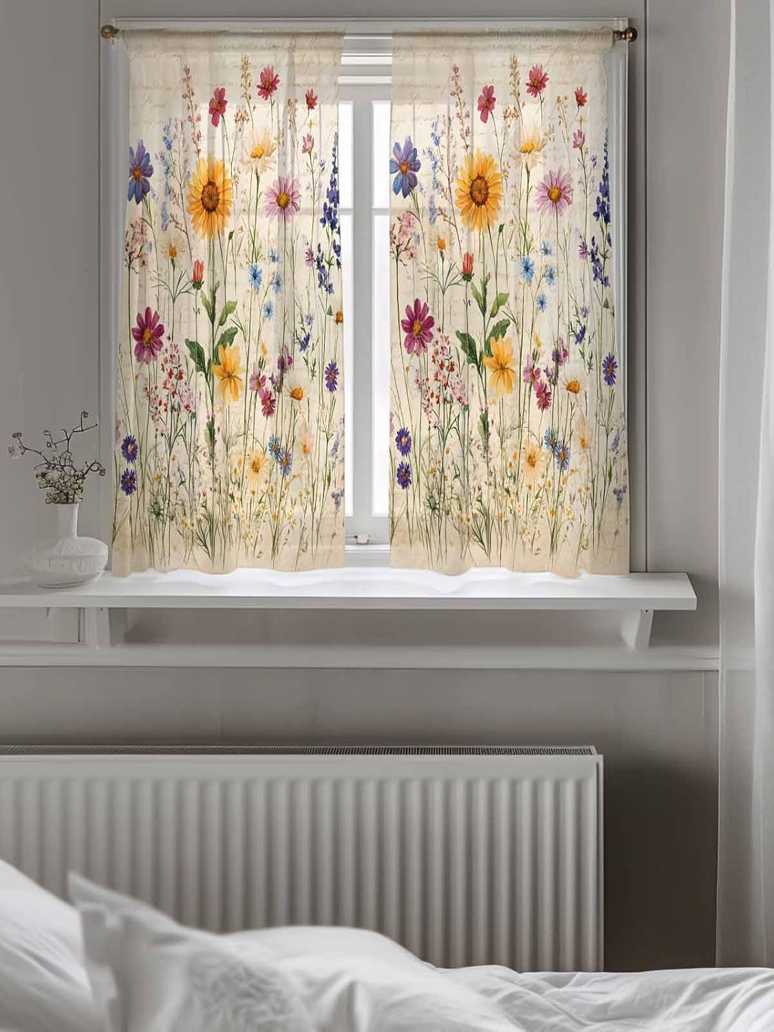 Botanical Floral Sheer Curtains for Bedroom Living Room Window Tier Curtain 45 Inch Length, Retro Purple Pink Yellow Wildflowers Rod Pocket Voile Drapes Kitchen Curtains Small Half Window 2 Panels