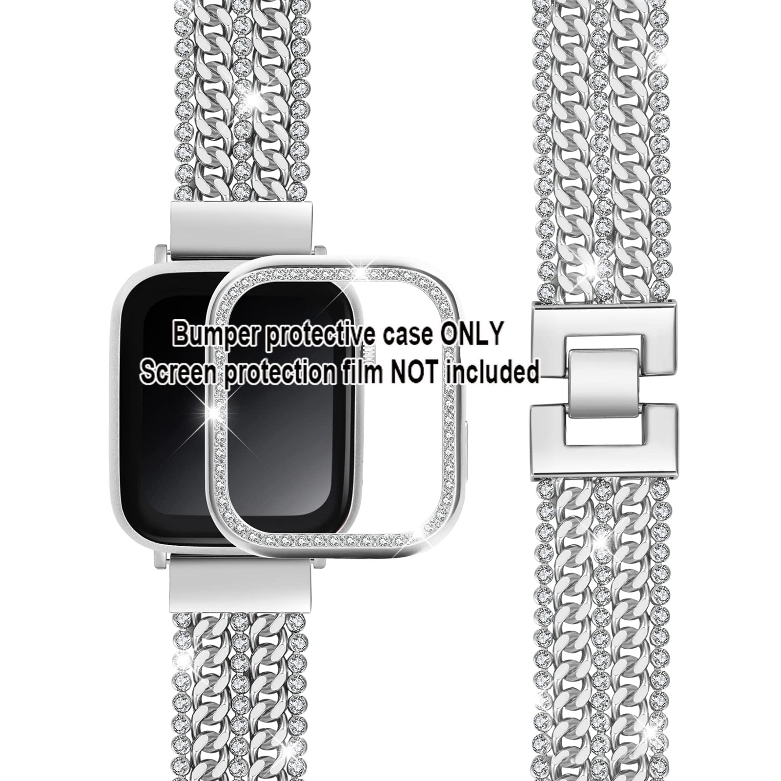 DZTXYP Crystals and Cowboy Metal Chains Compatible for Apple Watch Bracelet Bands with Bling Protective Case 38mm 40mm 41mm 42mm 44mm 45mm Iwatch Series 8 7 6 5 4 3 2 1 for Women Dressy (40mm, Silver)