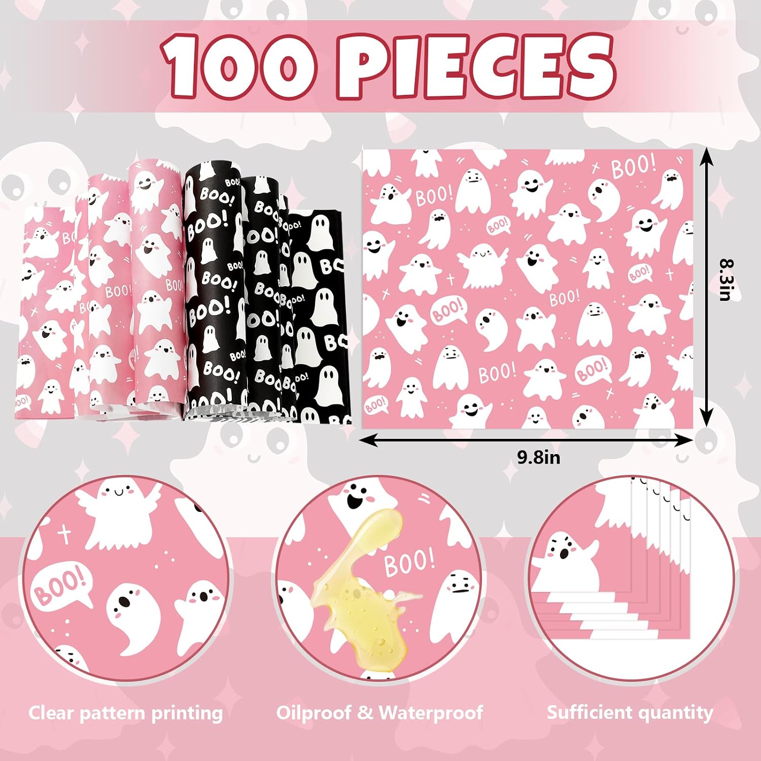 JarThenaAMCS 100 Pcs Halloween Wax Paper Black Pink Ghost Sandwich Wrap Paper Tissue Waterproof Oil-Proof Picnic Liners for Trick or Treat Kitchen Party Supplies, 9.8 x 8.3 In