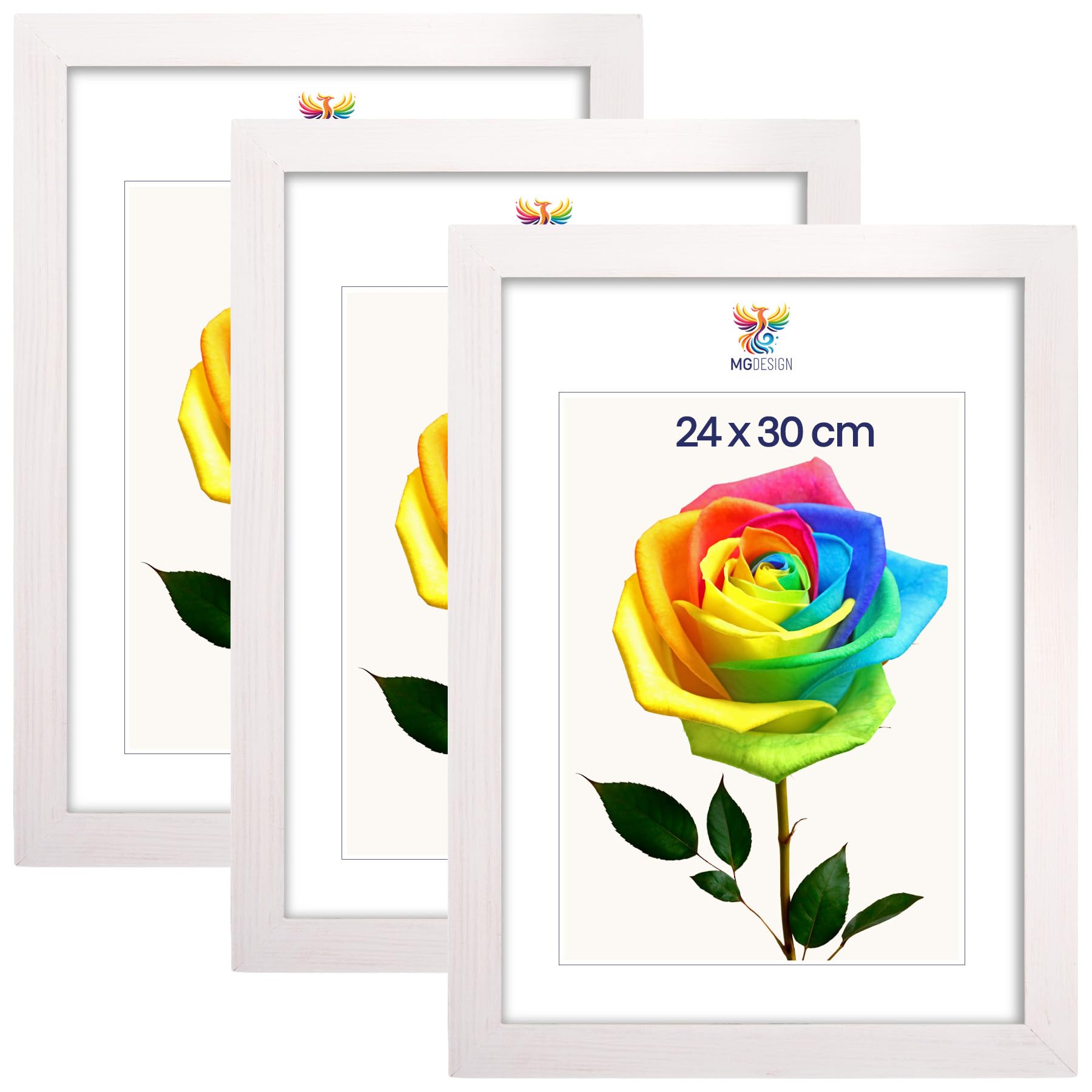 MG Design Set de 3 marcos para fotos 24 x 30 cm: marcos para fotos con marco de madera auténtica en color Blanco y cristal acrílico irrompible, verticales y horizontales