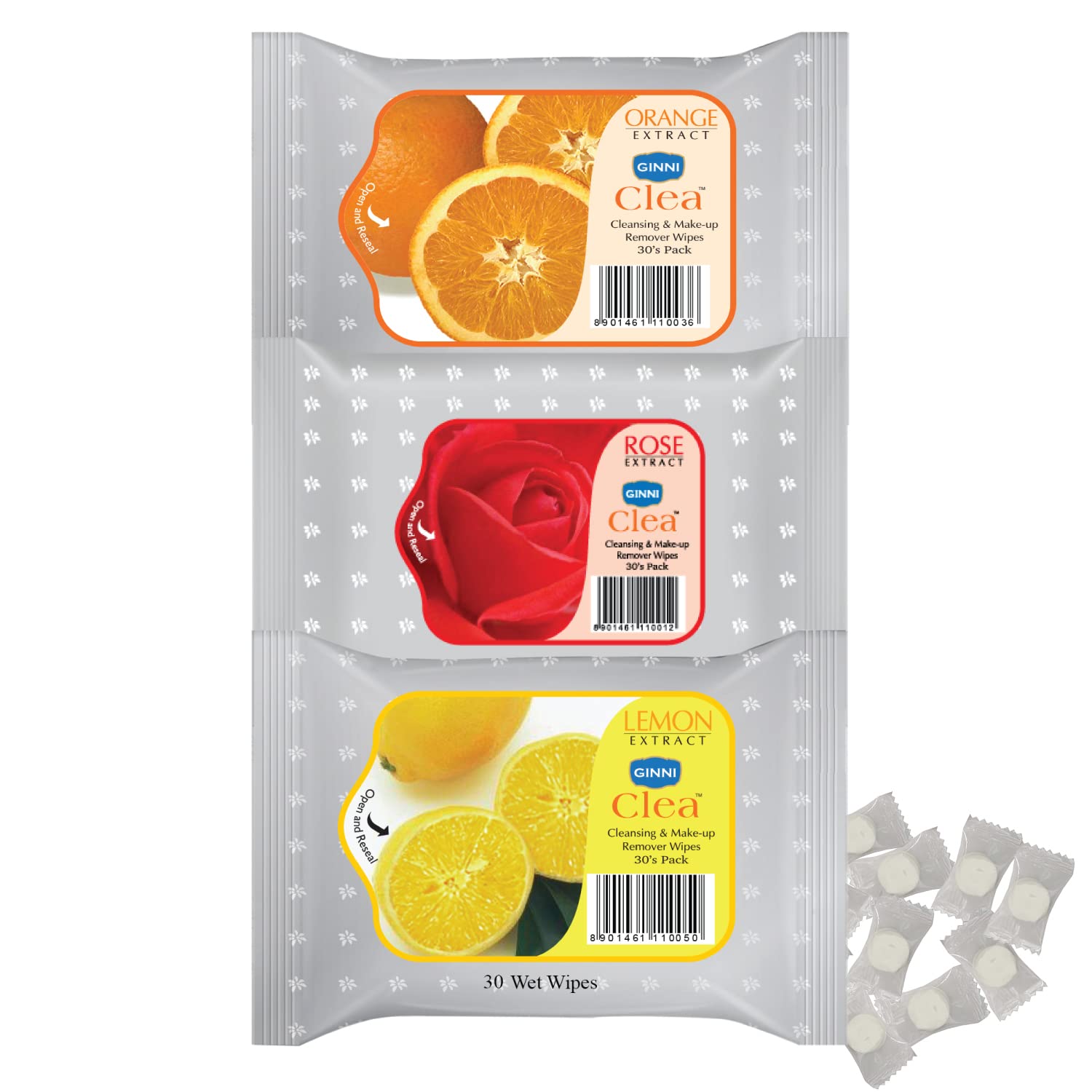 Ginni Clea Cleansing and Make-up Remover Wet Wipes (Rose,Orange,Lemon)(pack of 3)(30 wipes per pack) with Coin Tissues (50 pcs) Candy Pack-image-8