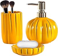 Vista 8 de Juego de 3 accesorios de baño de otoño, decoración de baño de calabaza de cosecha, accesorios de baño de cerámica completos, soportes para cepillos