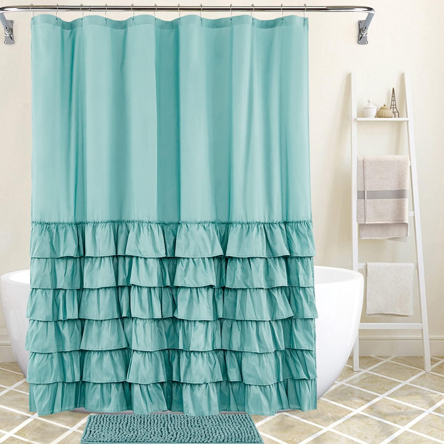 JSLOVE Pack of 2 Farmhouse Shower Curtain Blue Ruffle