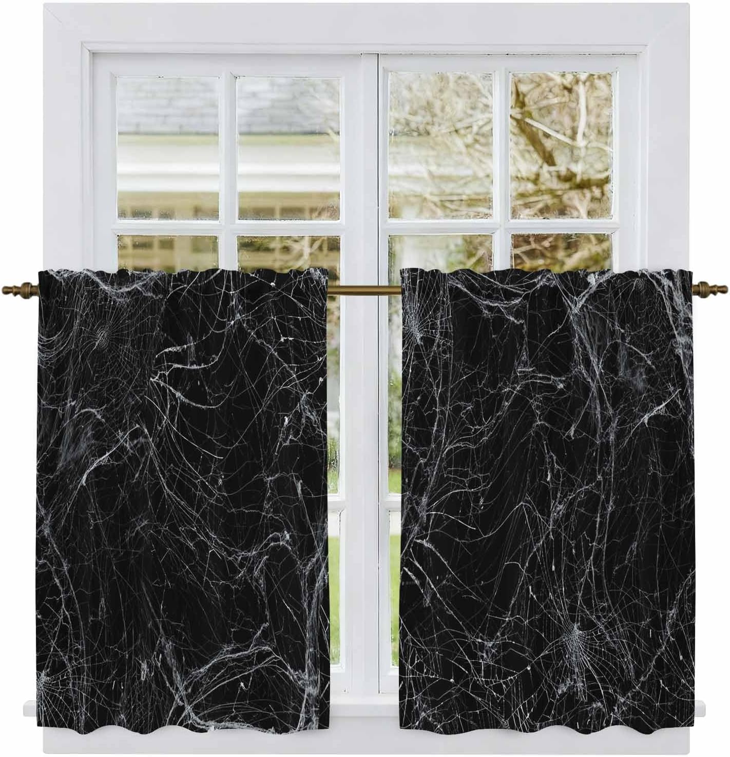Black Halloween Kitchen Curtains 45 Inch Long 2 Panel Set, Rod Pocket Window Treatment, Spooky Horror Spi-der Web Abstract Light Filtering Panels Short Drapes for Bathroom Camper 42"W x 45"L