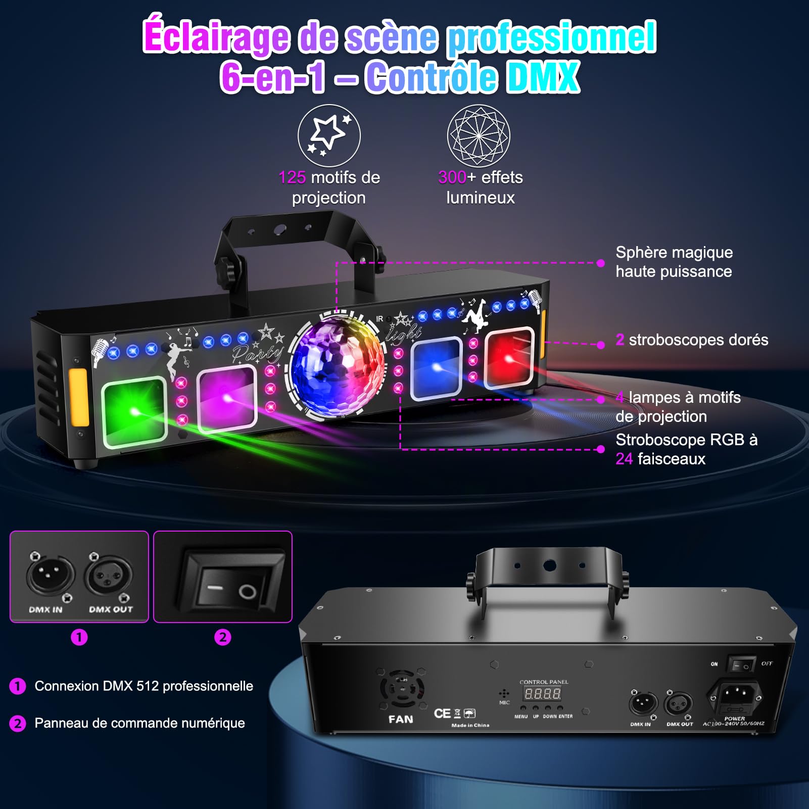 Fwiull 6-en-1 Jeux de Lumière Soiree Professionnel avec Télécommande, Effets RGB UV avec Stroboscope Doré, Contrôle DMX et Sonore, Lampe de Scène pour Fête, DJ, Club, Halloween, Noël