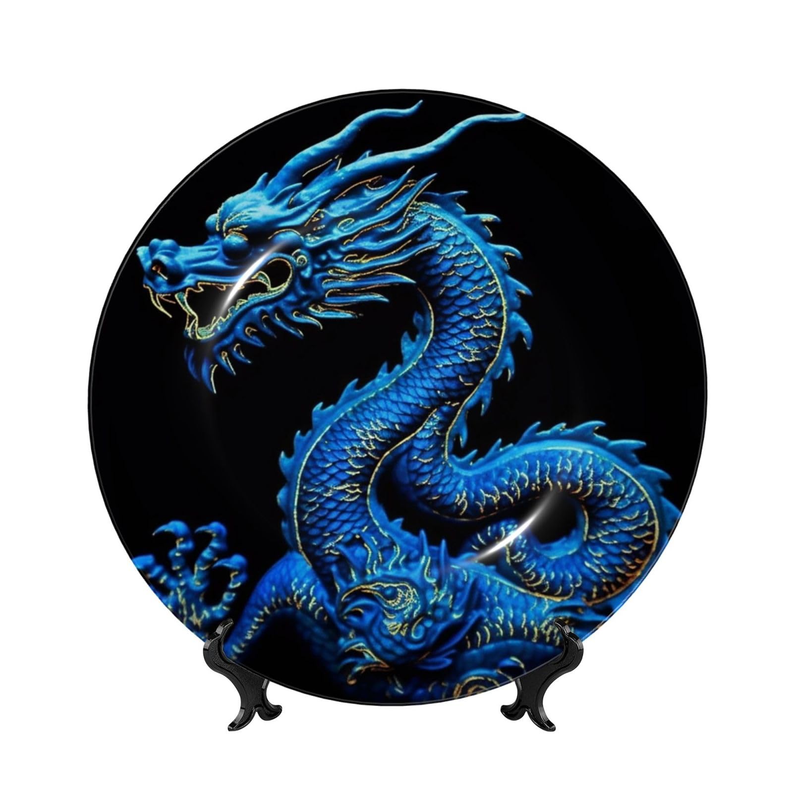 Assiette décorative en porcelaine dragon chinois bleu céramique fait main