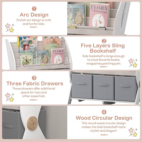 Miniatura 4 de Estantería para niños pequeños con 4 eslingas de madera, estantería de madera para habitación de niños, soporte de exhibición con 3 organizadores de