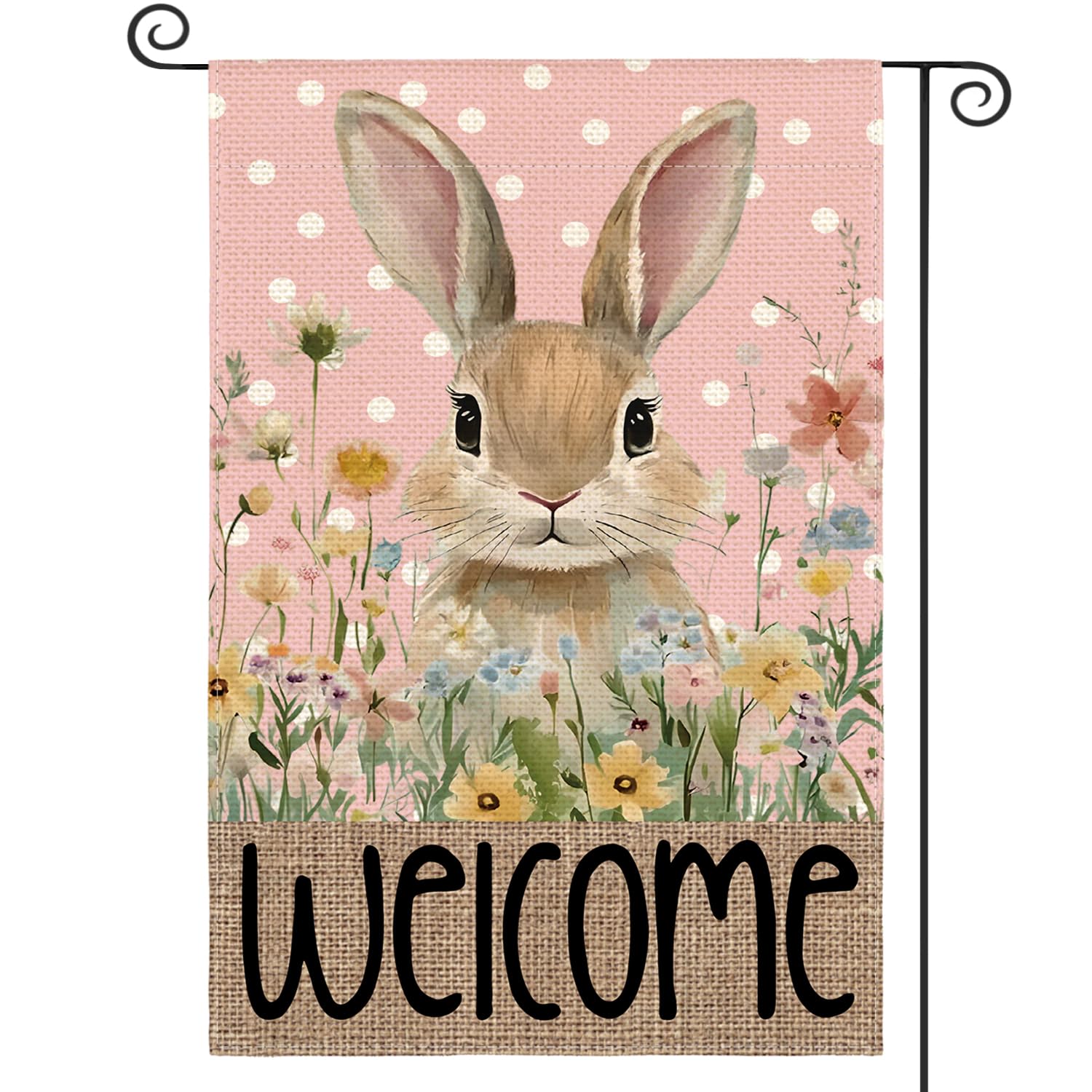 Drapeau de jardin lapin de Pâques double face avec finitions florales de qualité