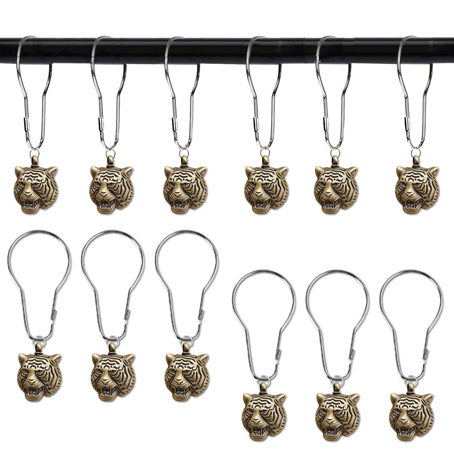 12 PCS Tiger Shower Curtain Hooks Animal Shower Curtain Hook Rust Proof Metal Stainless Steel Curtain Ring for Wild Beasts in The Forest Theme Home Bathroom Decor
