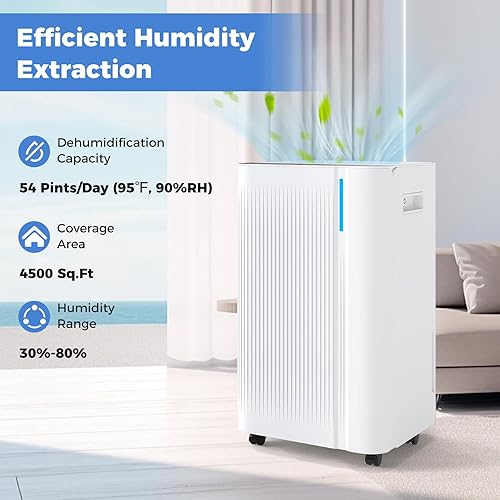 Miniatura 6 de COSTWAY Deshumidificador de 54 pintas para sótano, deshumidificador portátil de 4500 pies cuadrados con manguera de drenaje, tanque de agua de 1.1