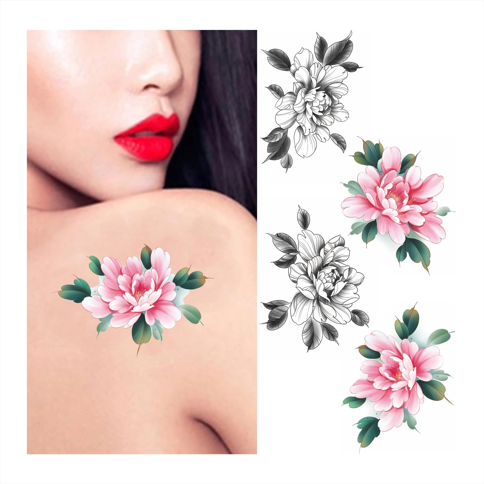 4 Sheets Twins Flower Temporary Tattoos for Women Fake Black White and Color Flowers Body Tattoo Stickers for Girls