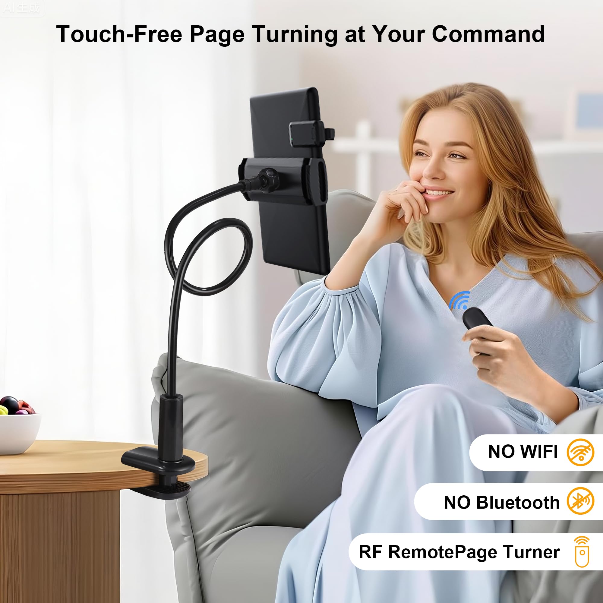Support de Tablette pour la Lecture Kindle avec RF Télécommande Tourne Page, Support à col de Cygne avec Tourne, Accessoires pour la Lecture Kindle/iPad/appareils de 4,7 à 10.53 Tablets au Lit