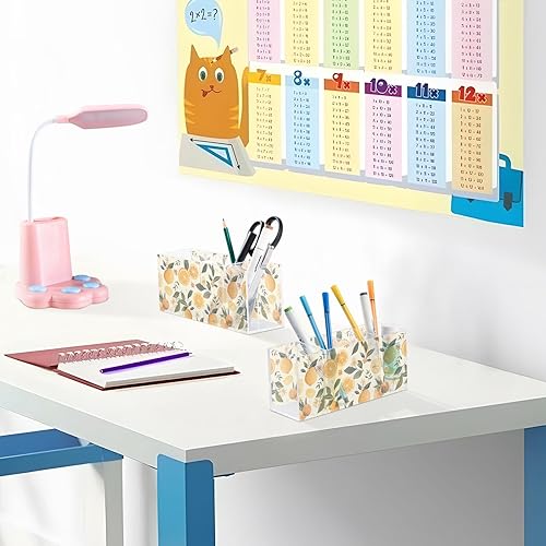 Miniatura 6 de CHIFIGNO Decorative Pencil Pen Holder for Desk, Oranges and Leaves Pen Holder Pen Cup, Acrylic Makeup Brush Cup 4 Compartments for Office Classroom