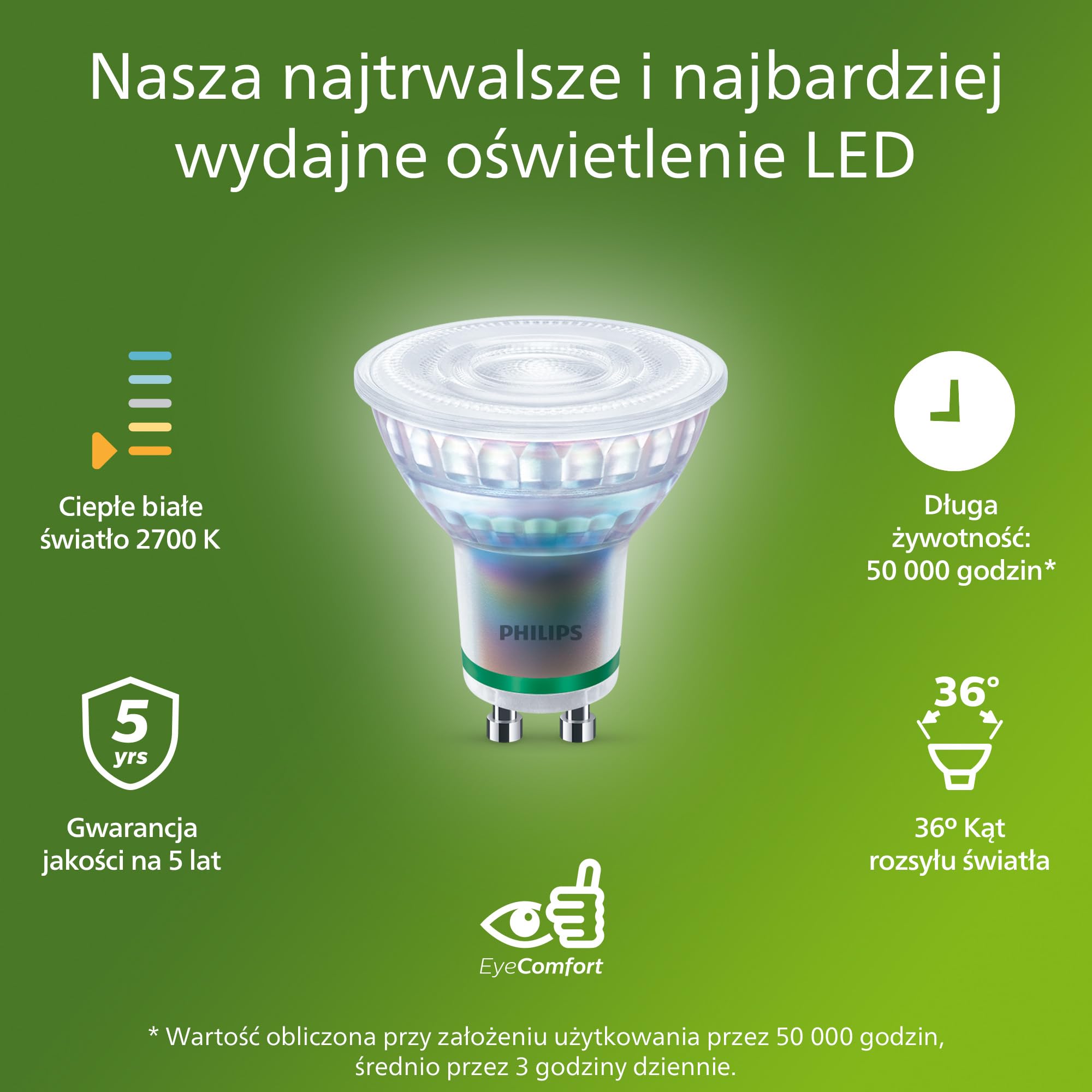 Żarówka GU10 Philips UltraEfficient LED, 6-Pak, 215 Lumenów, 35 W, Bez Migotania, EyeComfort, Długa Żywotność, Ciepła Biel 2700 K