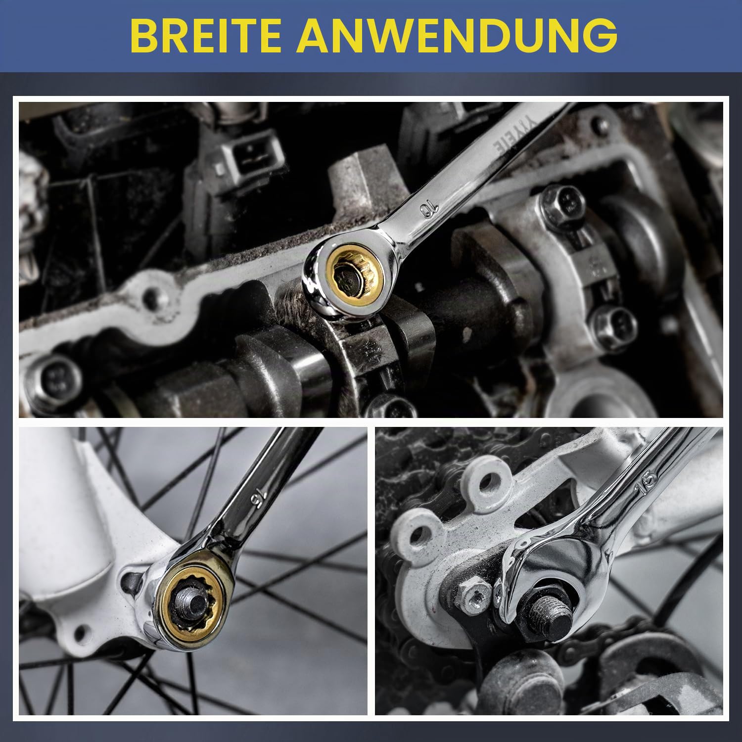 11TLG Ratschenschlüssel Set 6-19 mm, 72-Zähne-Gold-Ringmaulschlüssel Set, Cr-V-Stahl mit Rolltasche, für Fahrräder, Autos, Heimwerkerarbeiten, Metrisch Größe 6, 8, 9, 10, 11, 12, 13, 14, 15, 17, 19mm