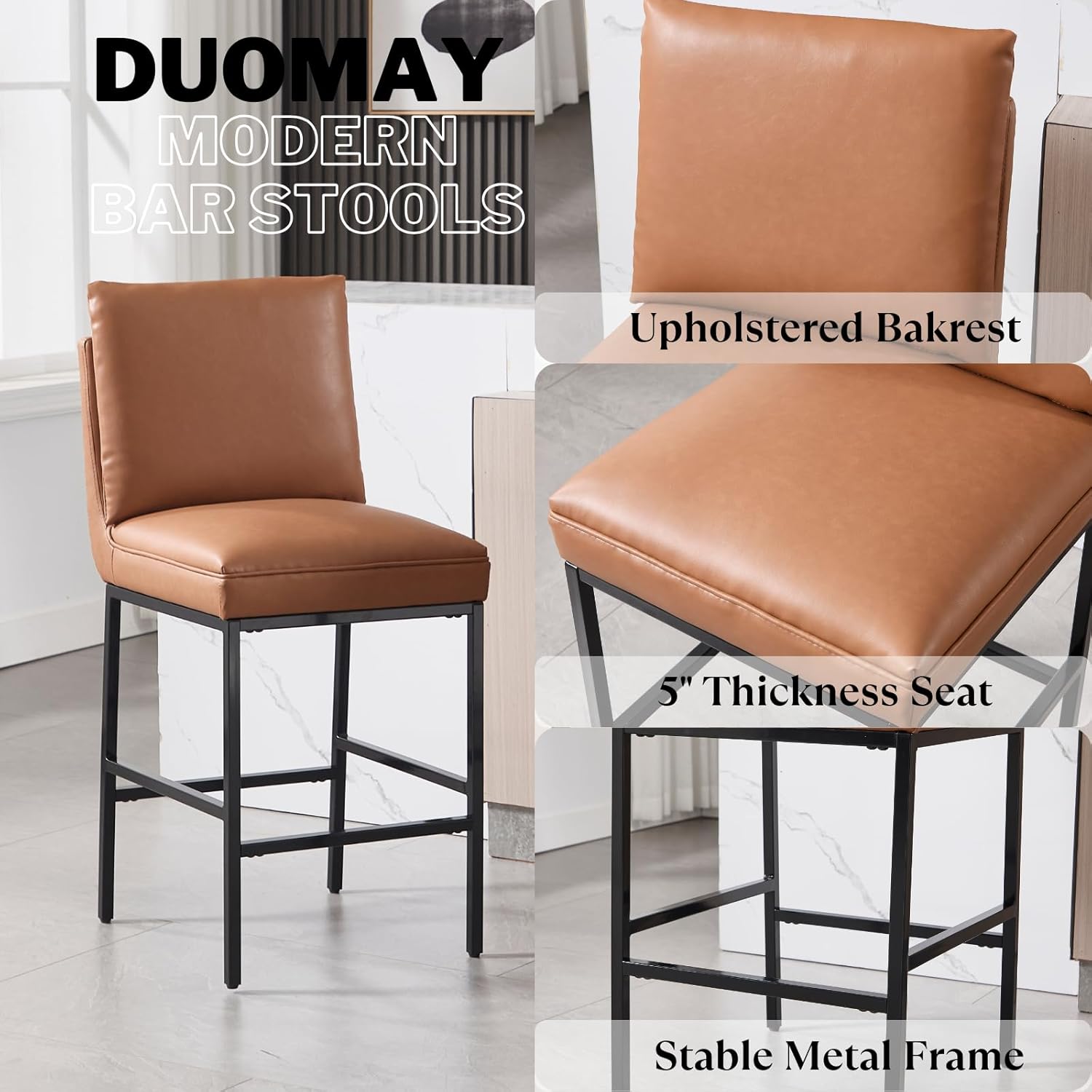 DUOMAY Modern Bar Stools Set of 2, 26.75" Seat Height Counter Height Pub Stools with Metal Legs, PU Leather Upholstered Armless Counter Stools for Kitchen Island Home Bar Dining Room, Brown
