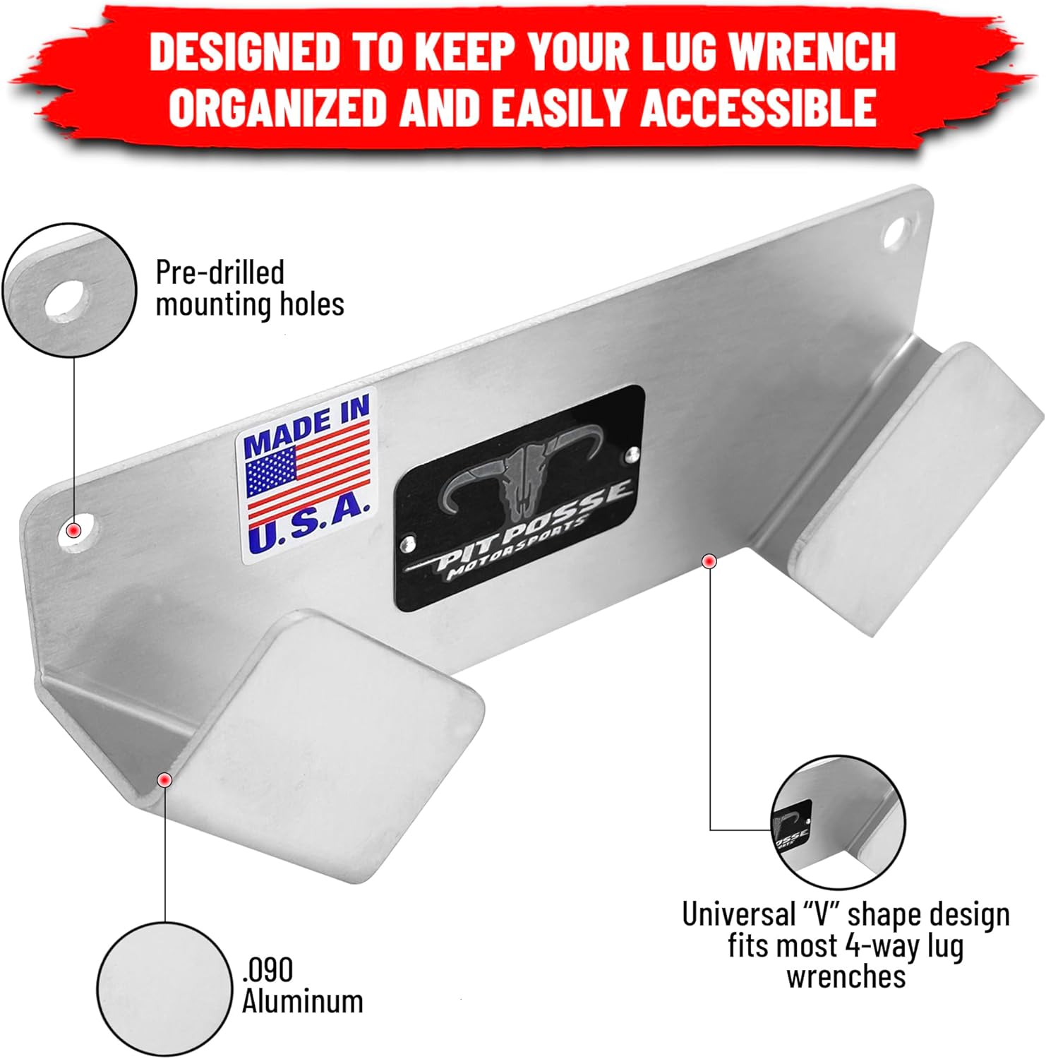 Pit Posse PP3360 4 Way Lug Nut Wrench Holder Aluminum for Enclosed Race Trailer, Garage - Made in USA - Wall Mounted Tire Changer Organizer Tire Iron Hanger Spanner Cross Automotive
