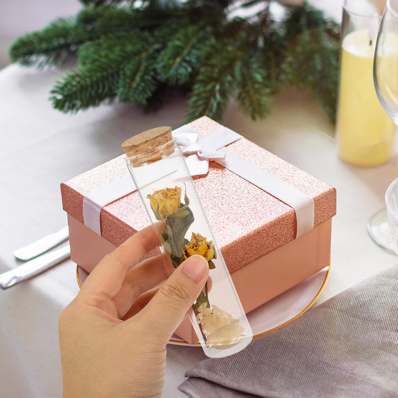 Bottiglie dei Desideri in Vetro Trasparente Tappo di Sughero e Fiori Secchi Rossi e Gialli, Set da 2 per Decorazioni Natalizie e Ufficio